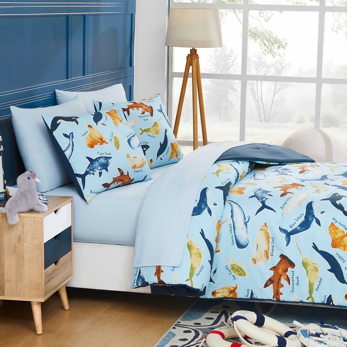 Wink Deer Full Size Comforter Set for Boys-7 Pieces Ocean Animals Glow in the Dark Full Bedding Sets for Kids, Ultra Soft Bed in A Bag with Sheets