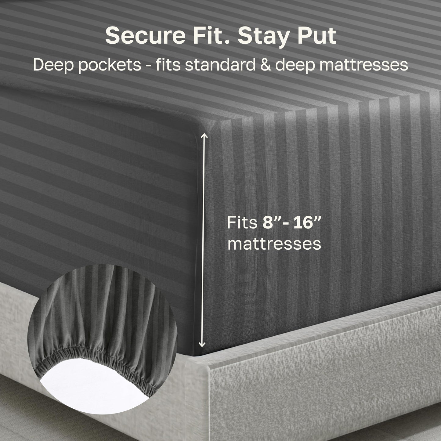 California Design Den Cotton Sateen Damask Stripe Queen Fitted Sheet Only - Soft 100% Cotton Sateen, Deep Pocket Bottom Fitted Sheet - Grey