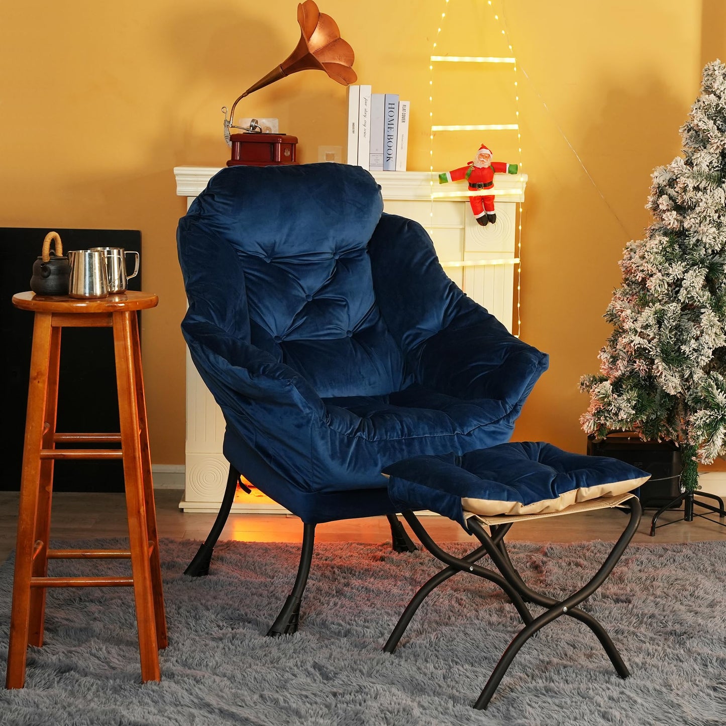 Kokel Lazy Chair with Folding Ottoman,Living Room Chairs, Accent Contemporary Lounge Chair, Single Steel Frame Leisure Sofa Chair with Armrests and A Side Pocket (Blue)