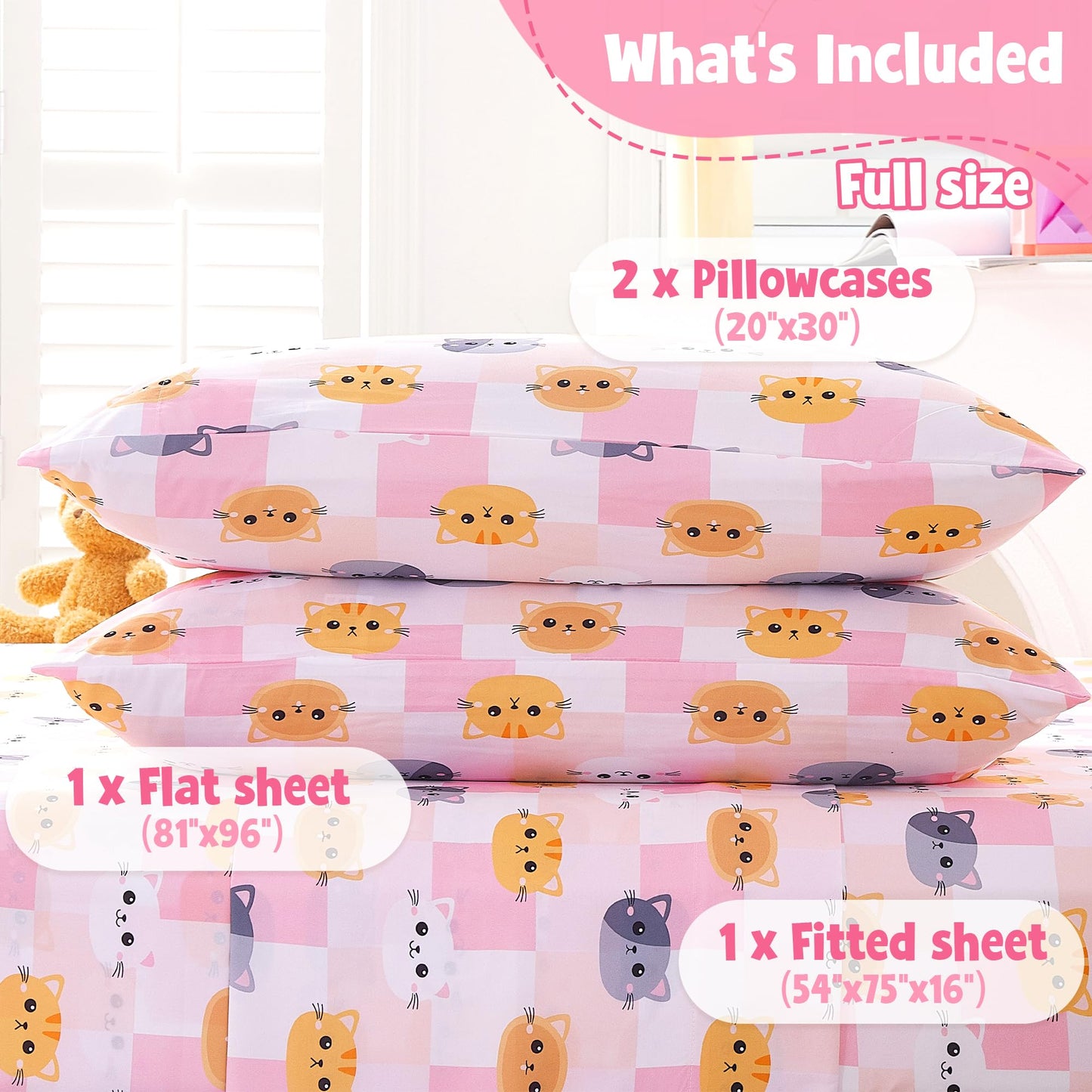 CozySmile Full Sheet Set Kids,4 Pieces Breathable Soft Microfiber Bedsheets for Child Girls, Oeko-TEX, Anti Pilling Deep Pockets Easy Care Bed Sheets, Cat Plaid