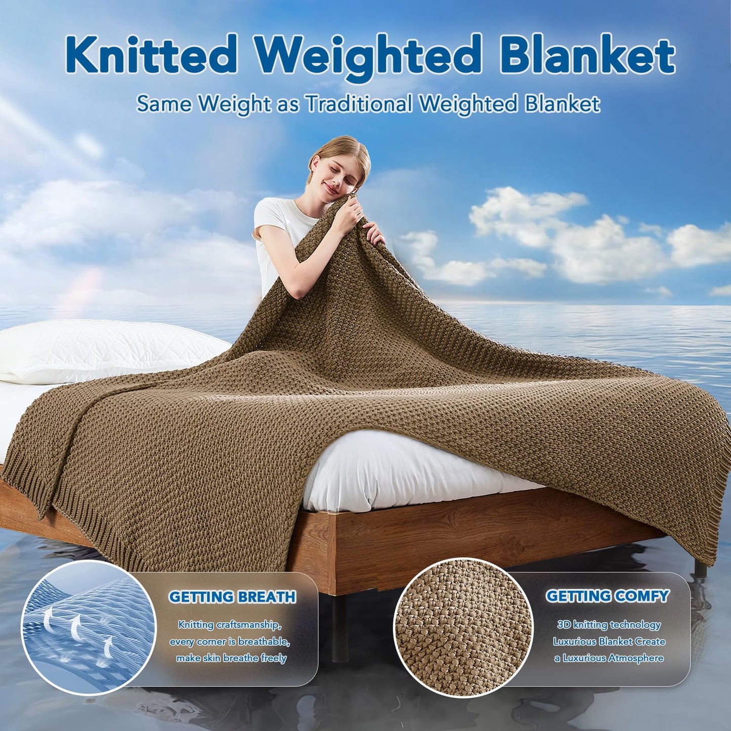 Topcee Knitted Weighted Blanket - 50"x60" 5lbs Cooling Chunky Knit Heavy Blanket for Adults Cable Yarn Knit Decorative No Beads Soft, Cozy and Cooling Weighted Throw Blankets Machine Washable
