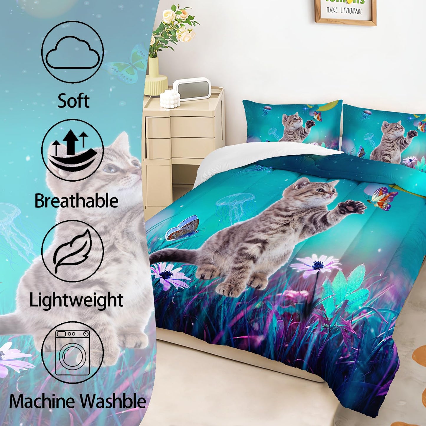AILONEN Cat Bedding Set Twin Size with Girl Sitting on The Moon and Jellyfish Comforter Set for Kids Boys Girls,Dreamy Starry Soft Breathable Duvet Set 3 Pieces, 1 Quilt and 2 Pillowcases