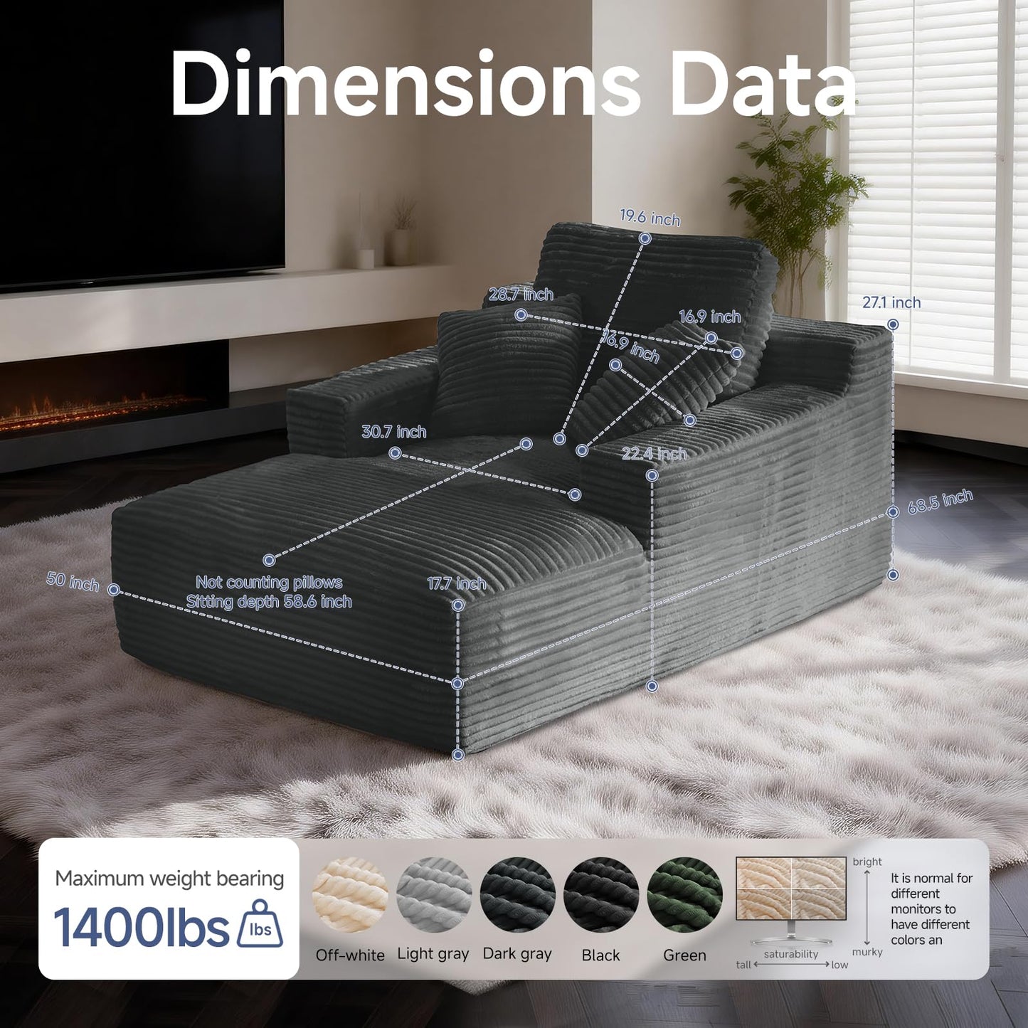 68" Chaise Lounge Chair Indoor, Corduroy Upholstered Boneless Sofa Bed, Deep Seat Sleeper Couch Reading Chairs, Oversized Comfy Cloud Sofas Couches for Living Room, Bedroom (Dark Grey, Oversized)