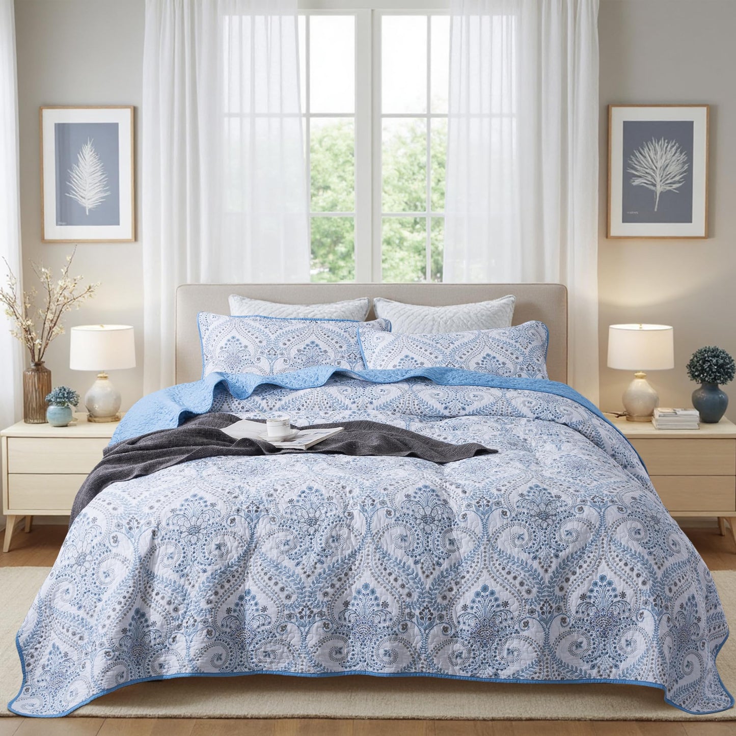Etwel Lightweight Cotton Queen Size Quilt Set - Breathable Reversible Bedspread for Hot Sleepers, Farmhouse Floral Bedding Set with 2 Pillow Shams for All Season (90"x98", Paisley Blue)