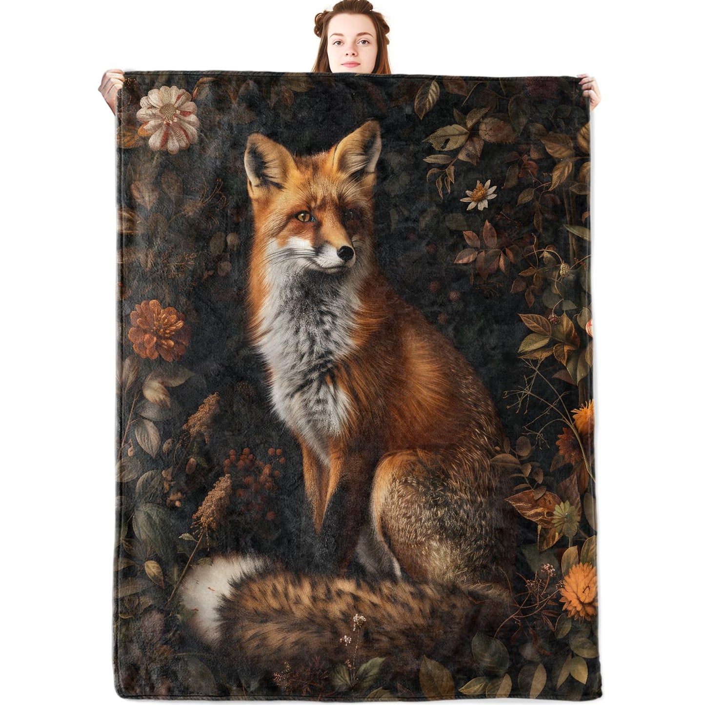 jwyta Rustic Fox Flannel Blanket,Realistic Woodland Animal Throw with Autumn Floral Background,Lightweight Fleece Blankets for Nature Lover,Couch,Cabin,Bed,Camping Fall Decor Gifts,60x50in