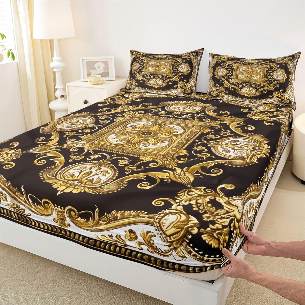 Erosebridal Golden Yellow Bed Sheets Set Full Geometric Flowers Sheet Set Bohemian Exotic Sheets European Floral Print Flat Fitted Sheet