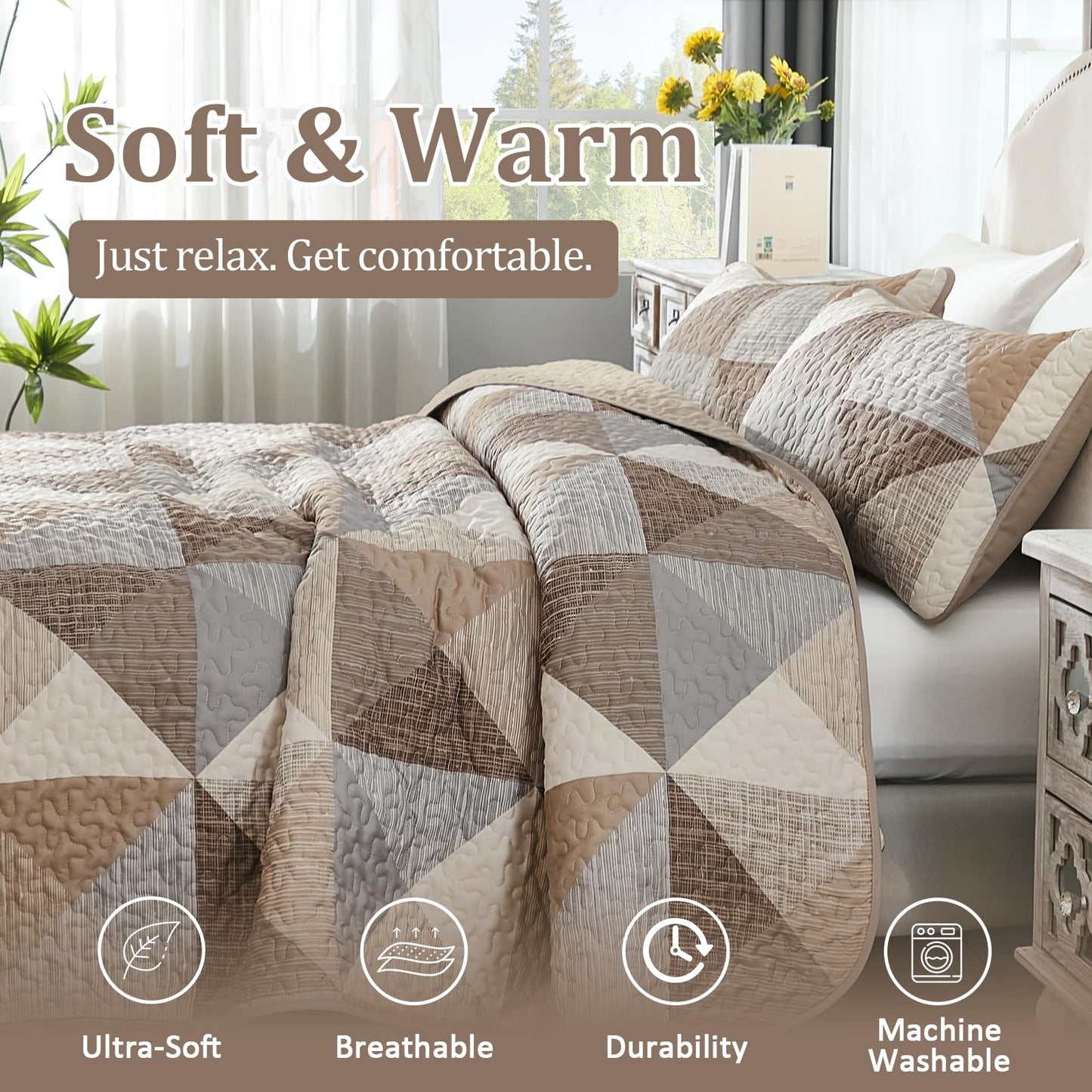Dintszyayue Dark Brown Quilt Queen Size, 3 Pieces Tan Patchwork Bedspread Bedding, Soft Lightweight Microfiber Geometric Coverlet Set for All Spring Quilt with 2 Pillowcases90 x96