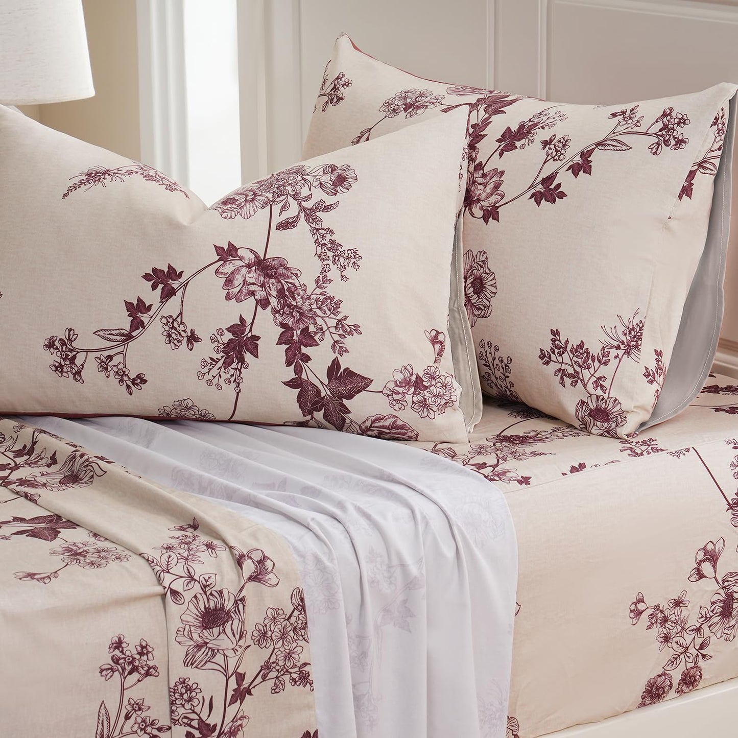 Zusbest Queen Sheet Set 100% Percale Cotton Red Floral Bed Sheet Set, Brushed for Extra Softness, Luxury Toile Flannel Like Sheets Shabby Vintage Flower Print Deep Pocket Sheets 17.5'' 4 Pcs