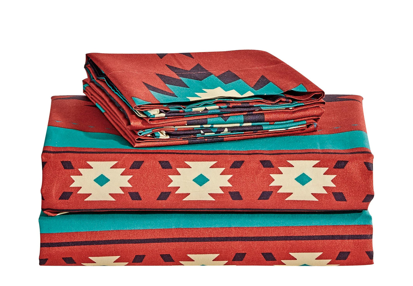 Chezmoi Collection Prescott 3-Piece Southwestern Microfiber Sheet Set, Printed Geometric Tribal Multicolor Red Teal Beige Bed Sheets, Twin XL Size