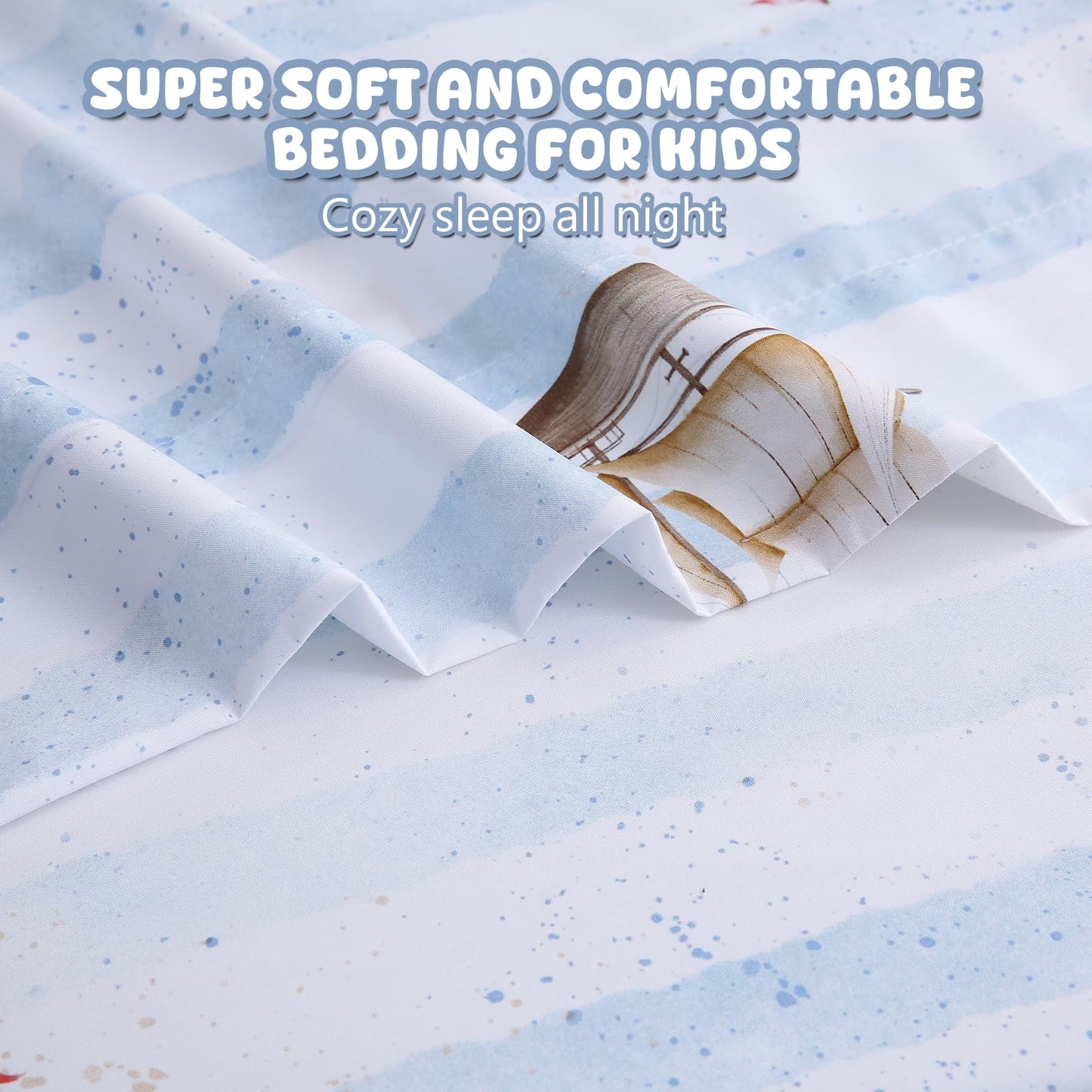 Nautical Boat Printed Twin Sheet Set for Boys,3 Pieces Sailboat Bed Sheet with Pillowcase 15-Inch Deep Pocket Fitted Sheet,Soft Microfiber Shell Starfish Bedding Set for Kids Toddlers Decor Bedroom