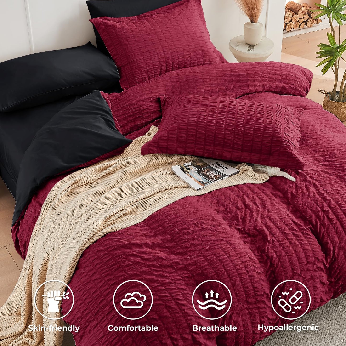 HYMOKEGE Red/Black Oversized Queen Comforter Set Seersucker 7 Pieces, All Season Luxury Bed in a Bag for Bedroom, Bedding Set with Comforter, Sheets, Pillowcases & Shams