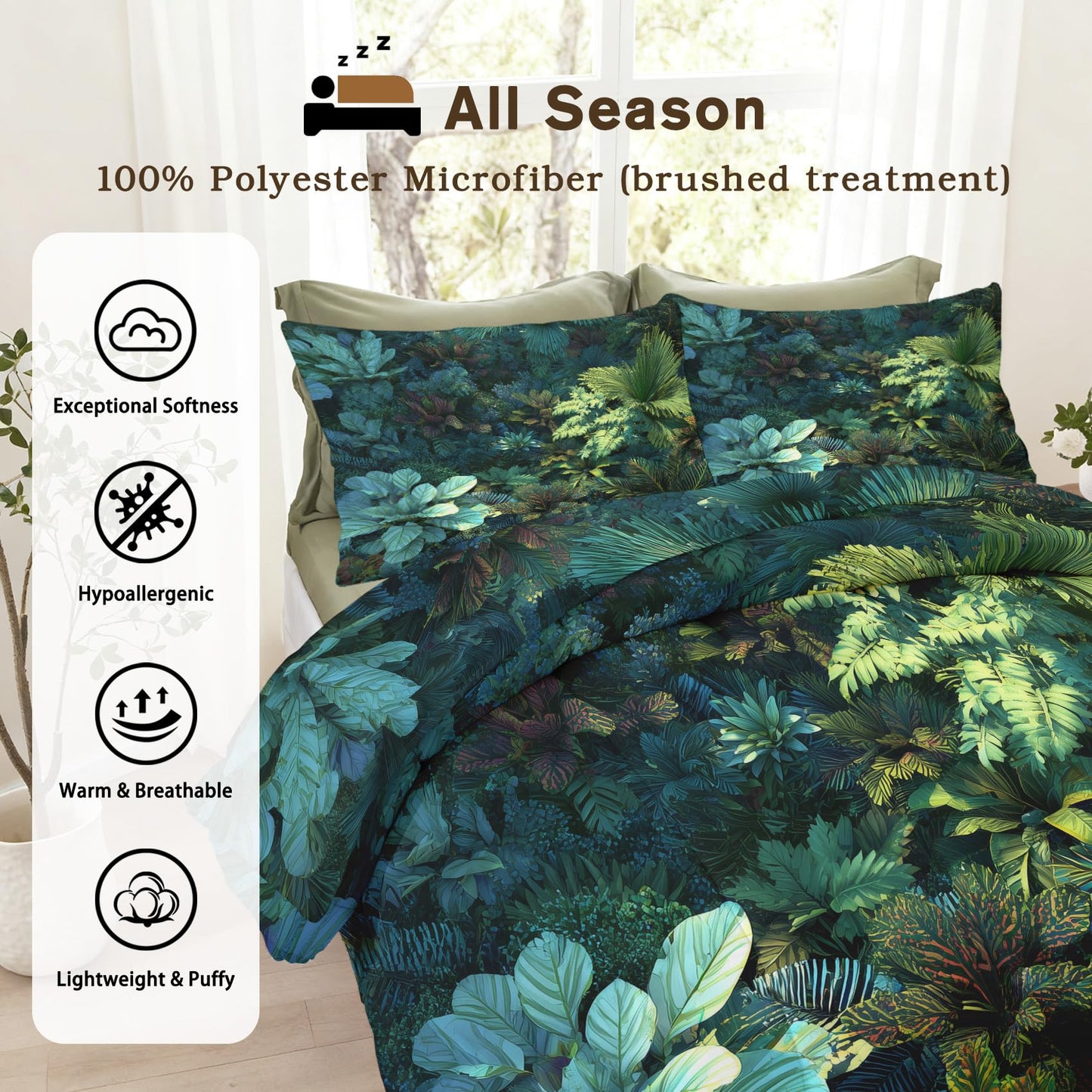 Tropical Leaves Comforter Set King Size 3Pc, Jungle Rainforest Pattern Down Alternative Bed Comforter, 2 Pillow Shams, Soft All Season Bedding, Tropical Leaves Bedroom Decor