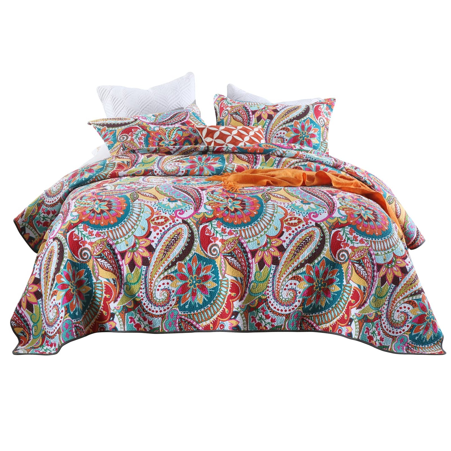 Qucover Cotton Quilt Set, Queen Size, Multicolor Paisley, Boho Style, Soft Lightweight Coverlet with 2 Pillow Shams, 90x98 Inches