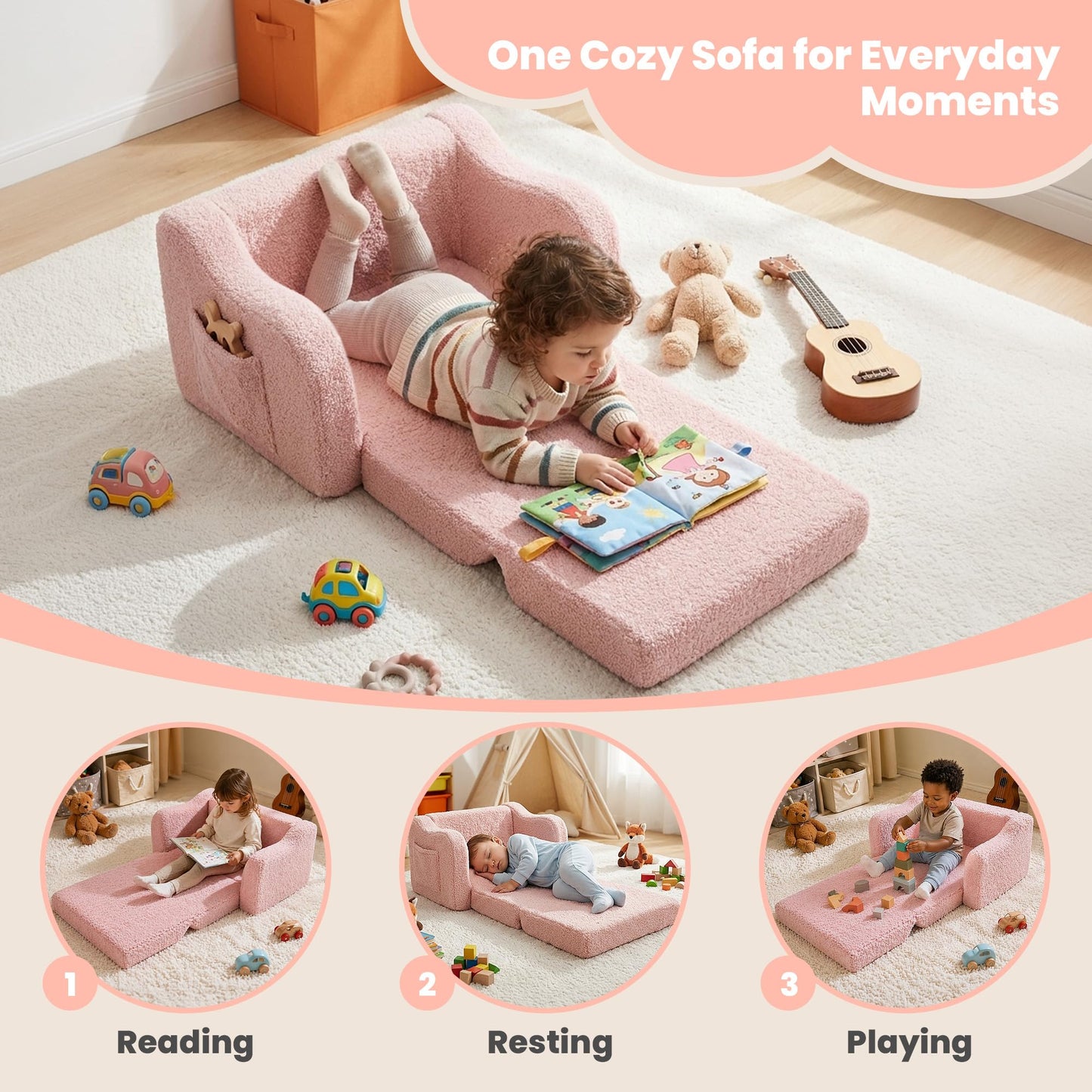 Toddler Couch 2-in-1 Fold Out Toddler Chairs, Soft Comfy Lounger with Washable Cover Pocket, Kids Sofa for Reading, Perfect for Bedroom, Playroom, Living Room, Gift for Girls Boys Age 1-3, Pink