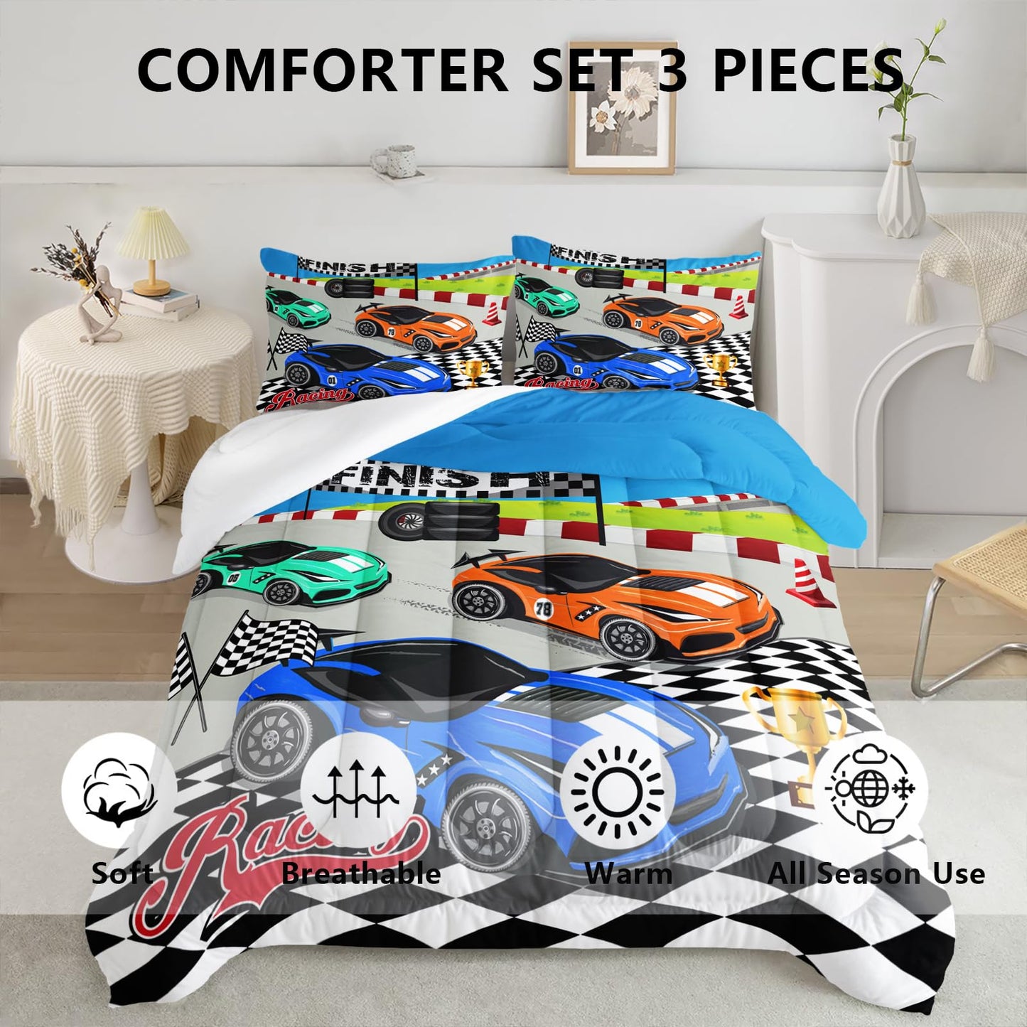 Axolotl Racing Car Bedding Set Twin,Cool Speed Race Car Down Comforter for Kids Boys Girls Teens,Car Theme Quilt with Three Cars Arrive at Finish,1 Comforter and 2 Pillowcases