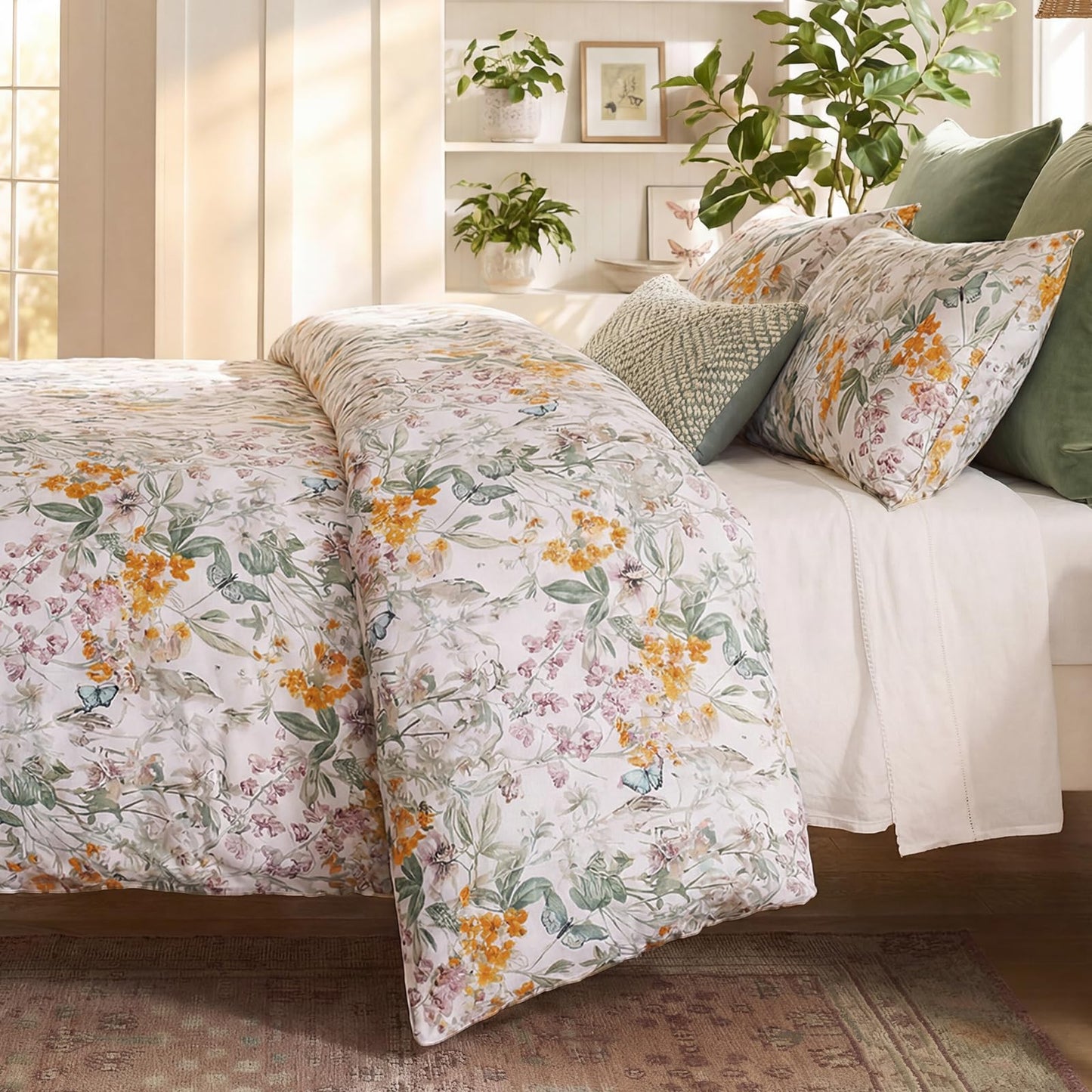 Bedorm Queen Duvet Cover 100% Cotton Floral Bedding Set with Zipper Closure Vintage Flower Leaf Botanical Bedding Soft & Durable French Country Duvet Cover Set