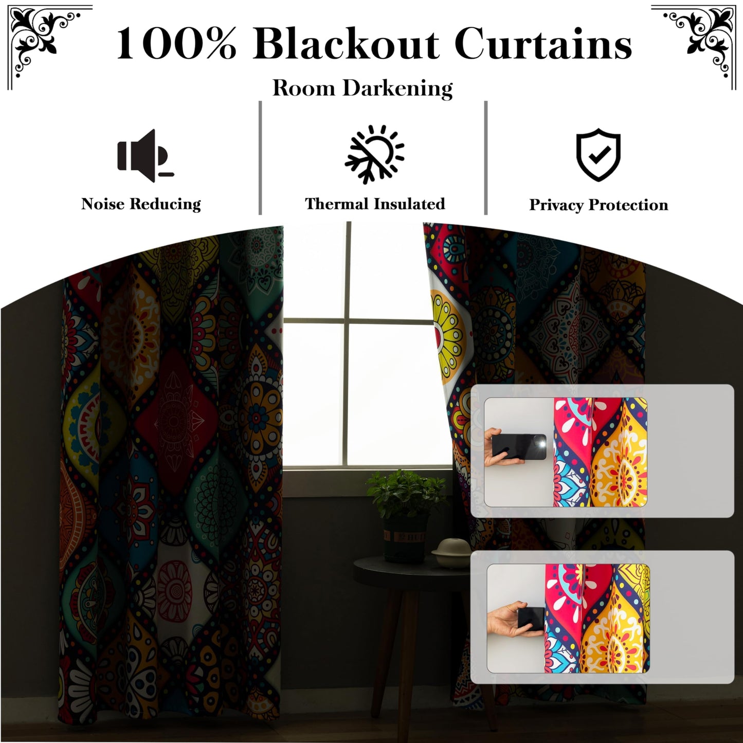 Tyrot Bohemian 100% Blackout Curtains for Bedroom 84 inch Length 2 Panels Set Boho Colorful Mandala Thermal Insulated Room Darkening Window Drapes Patterned Black Out Curtains for Living Room, 52Wx84L