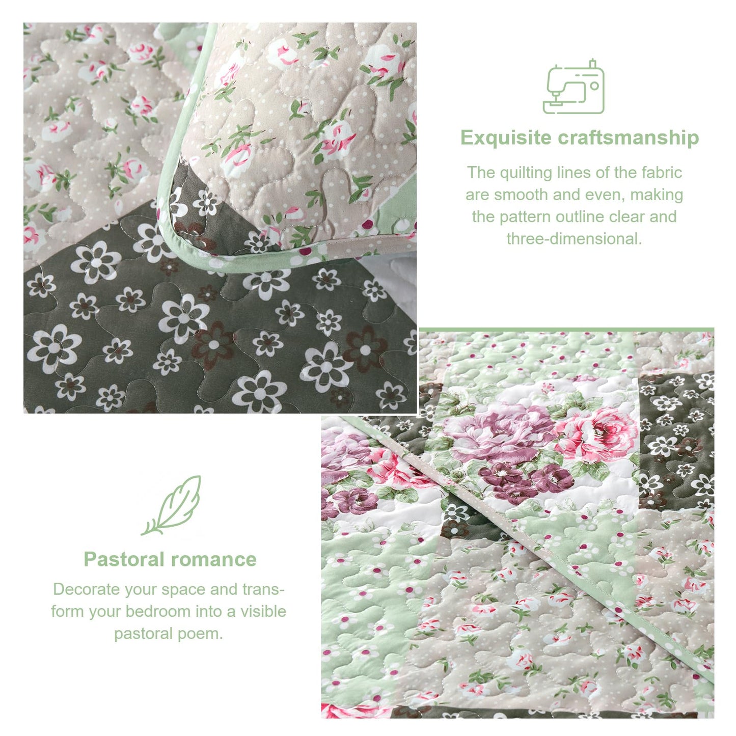 Dinjoy Floral Plaid Patchwork Quilt Set King Size, Reversible Green Bedding Set Soft Microfiber Lightweight Bedspread Coverlet 3 Piece Fall Autumn Summer Use (110x90 inches)