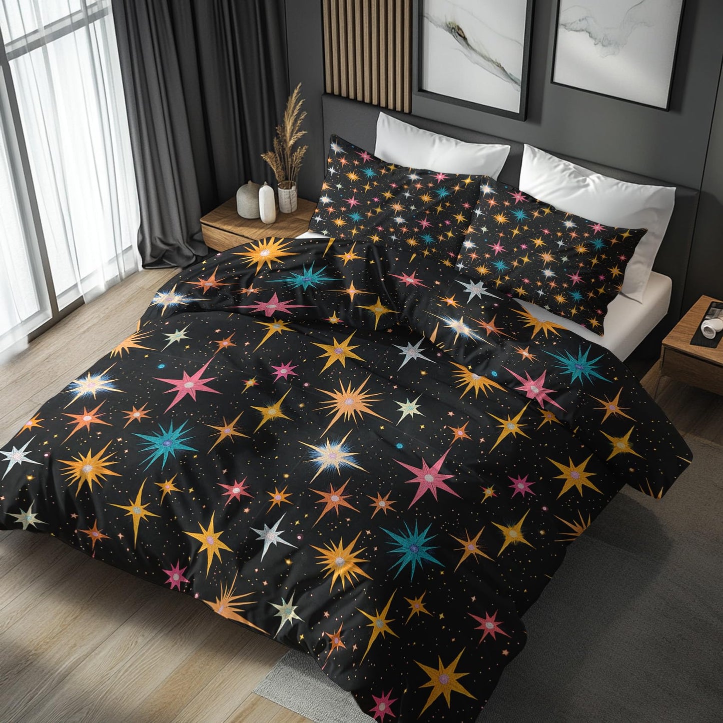 zcwl Atomic Duvet Cover Queen Size | Starburst Bedding Set | 3 Piece | Soft Microfiber Patterned Comforter Cover with Zipper Ties & 2 Pillowcases | 50S Retro Abstract Bedroom Decor