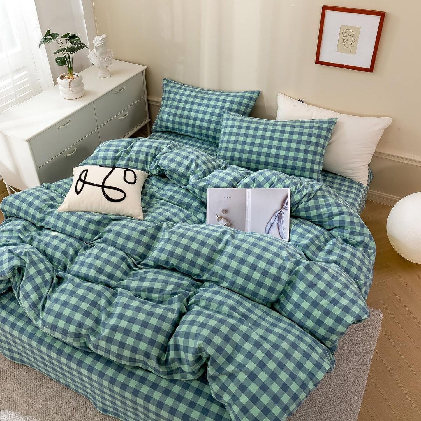 mixinni Green Gingham Grid Duvet Cover Queen, 100% Washed Cotton Modern Geometric Bedding Set with 2 Pillowcases, Farmhouse Style Blue Plaid Comforter Cover Set for Men & Women, Soft & Lightweight