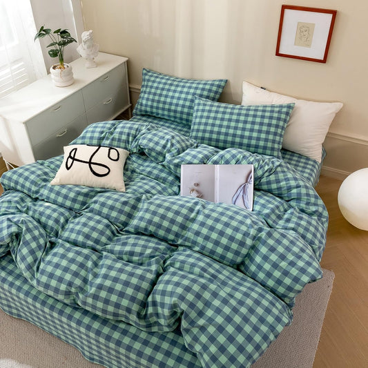 mixinni Green Gingham Grid Duvet Cover Queen, 100% Washed Cotton Modern Geometric Bedding Set with 2 Pillowcases, Farmhouse Style Blue Plaid Comforter Cover Set for Men & Women, Soft & Lightweight