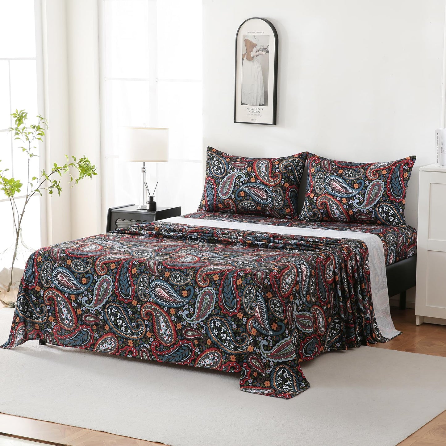 Yibeizi King Size Sheets Set Deep Pocket Black Paisley Bed Sheet Sets, Dark Floral Printed Soft Microfiber Oeko-Tex Hypoallergenic Sheets & Pillowcases Wrinkle Free Bedsheets