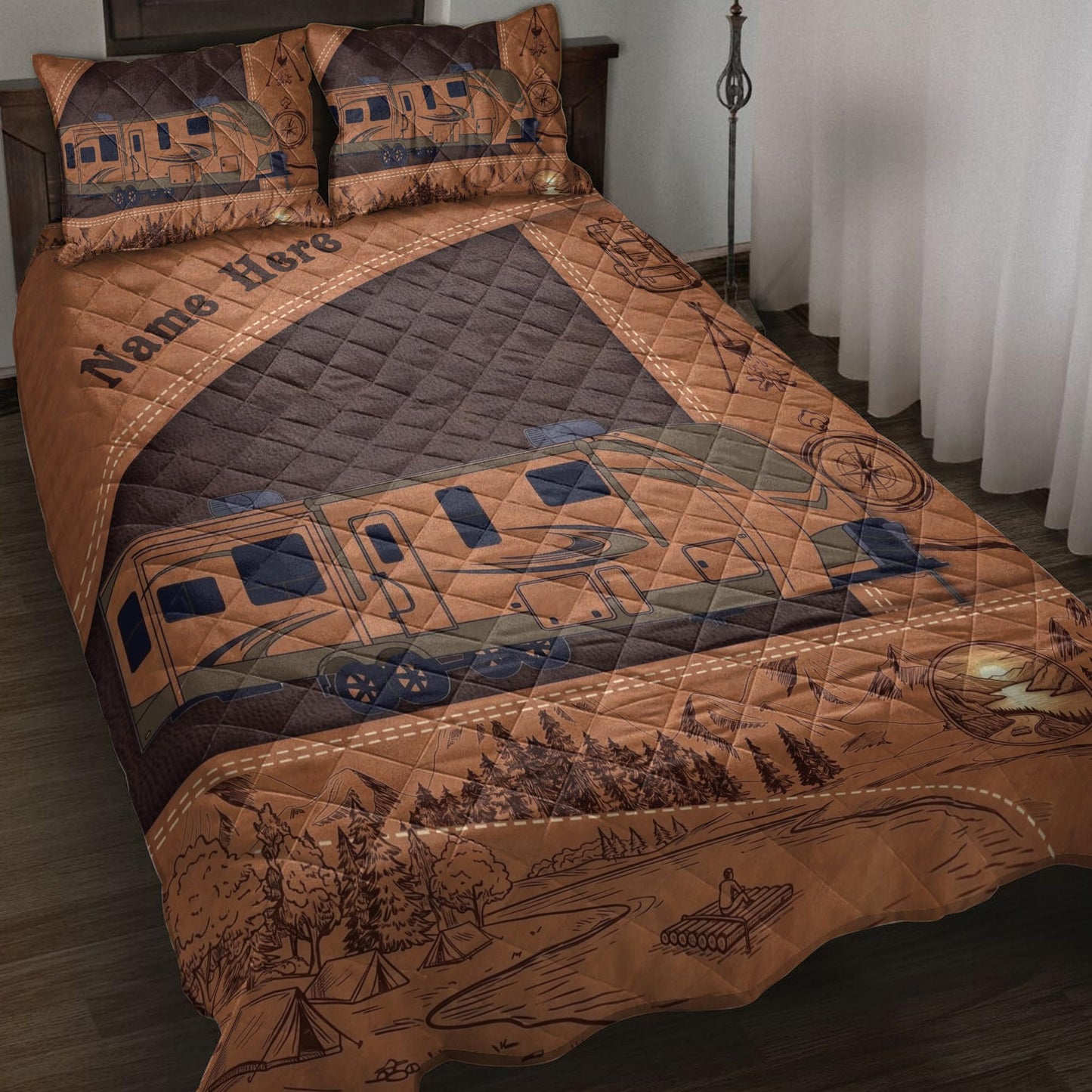 OhaPrints Custom Camping Lover Camper Travel Trailer Brown Personalized Name Quilt Blanket & Pillowcases, Quilts Bedding Set & Pillow Cover, King Queen Double Twin Throw Full Size Bedspread Bed Sets