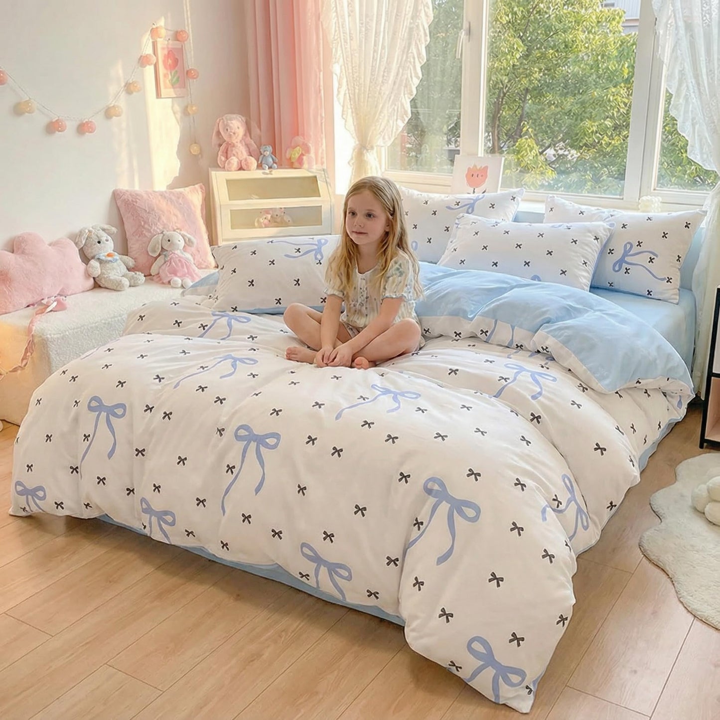 Sedefen Blue Bow Duvet Cover Queen Size Black Bowknot on White Duvet Cover 3 Pieces Kids Boys Girls Cute Bows Printed Princess Style Bedding Set with 2 Pillowcases Soft Microfiber