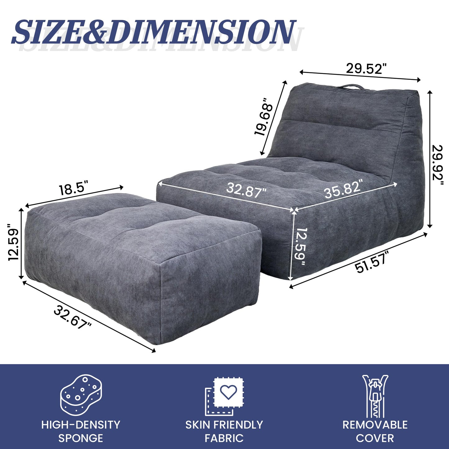 Stmoze Bean Bag Chair with Ottoman, Giant Bean Bag Chairs for Adults with Memory Foam, Comfy Bean Bag Sofa for Bedroom, Lounge Beanbag of Reading and Gaming with Filler Included (Grey)