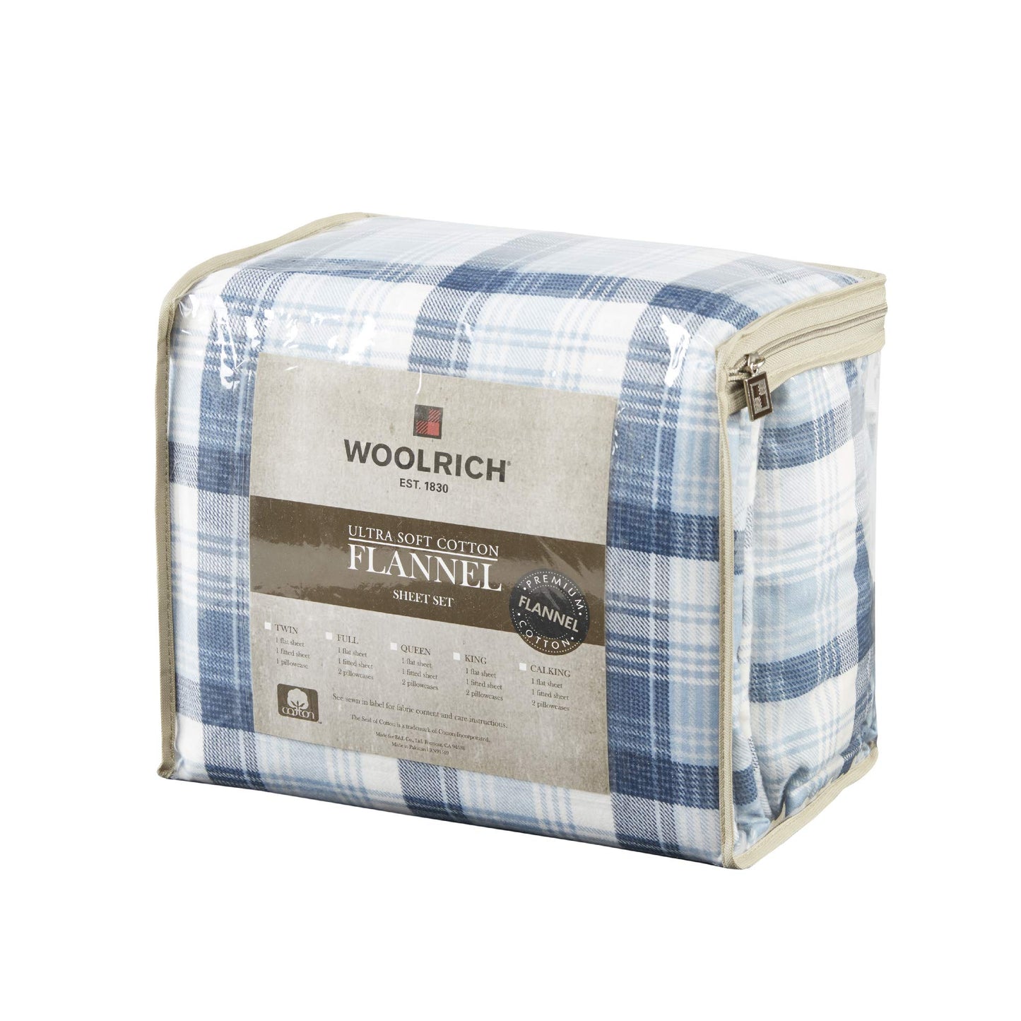 Woolrich Cotton Sheet Set Cottage Charms Print, 100% Cotton Flannel Sheets Warm & Fuzzy Bedding Set Queen Size Sheets, Fitted Pocket Fits Up to 14" Mattress, Queen Blue Plaid, 4 Piece