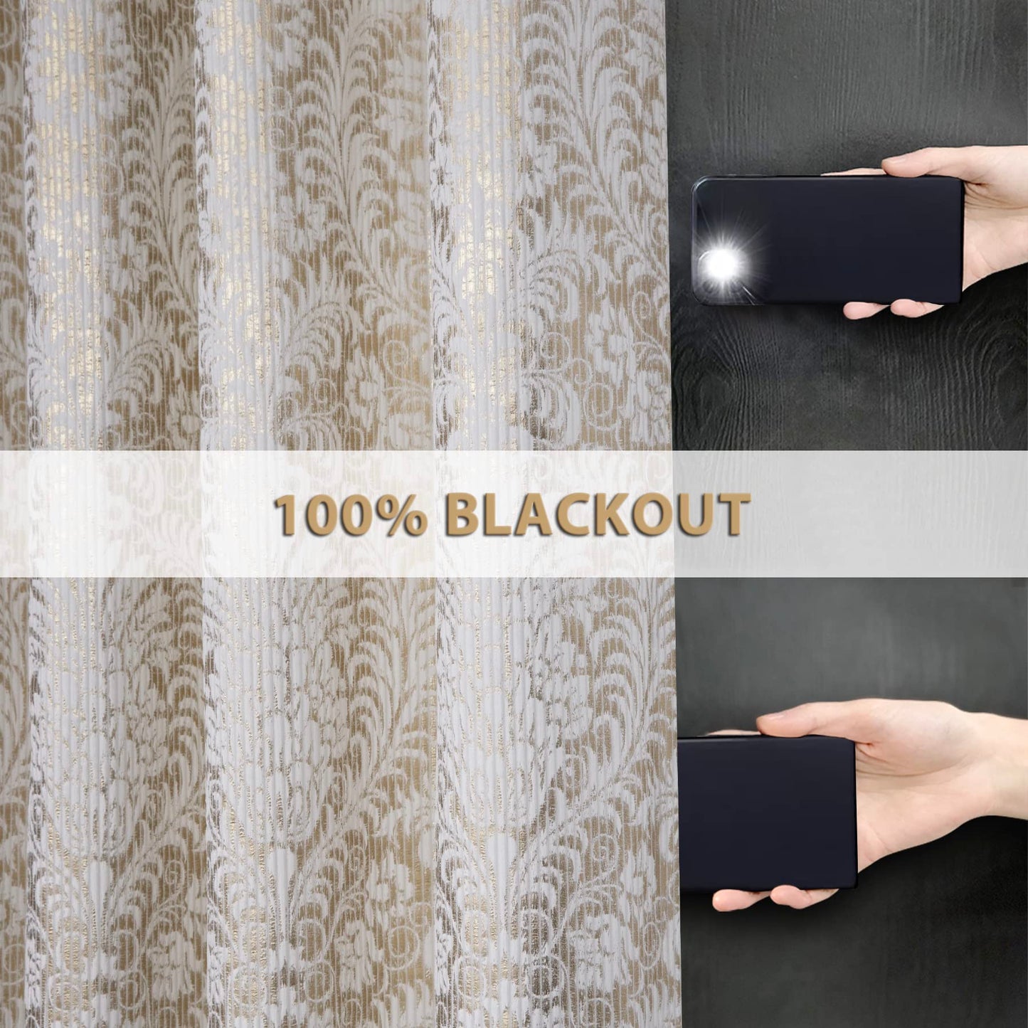 always4u 100% Blackout Damask Foil Print White and Gold Ridged Velvet Curtains 84 Inches Long Drapes 2 Panels Shiny Metallic Window 54 * 84 Inches
