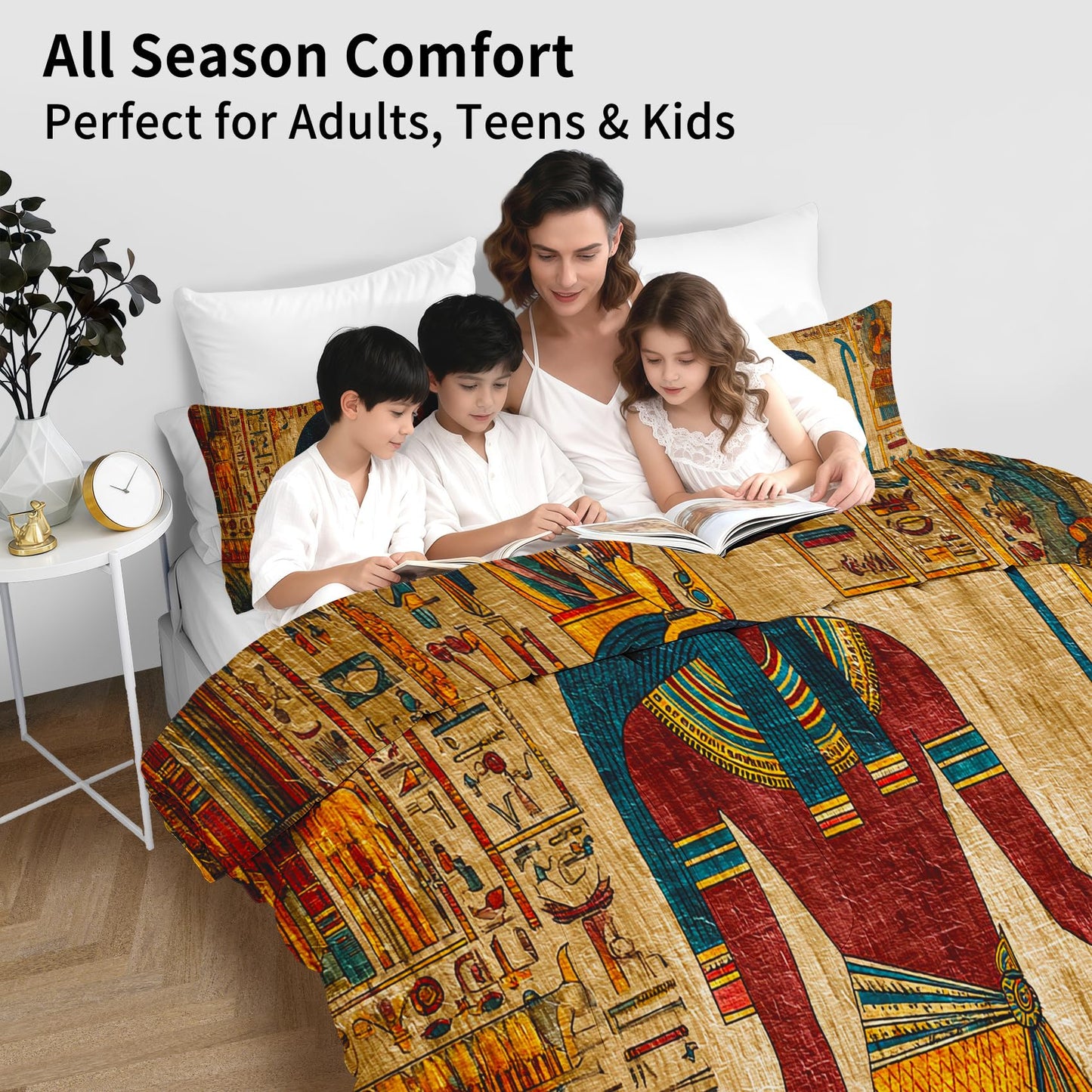 Gold Egypt Comforter Set King Size, Boho Exotic Print Bedding 3 Pieces, Soft Fluffy Lightweight Microfiber with 1 Comforter and 2 Pillow Shams for All Season, Cozy Bed Set for Bedroom