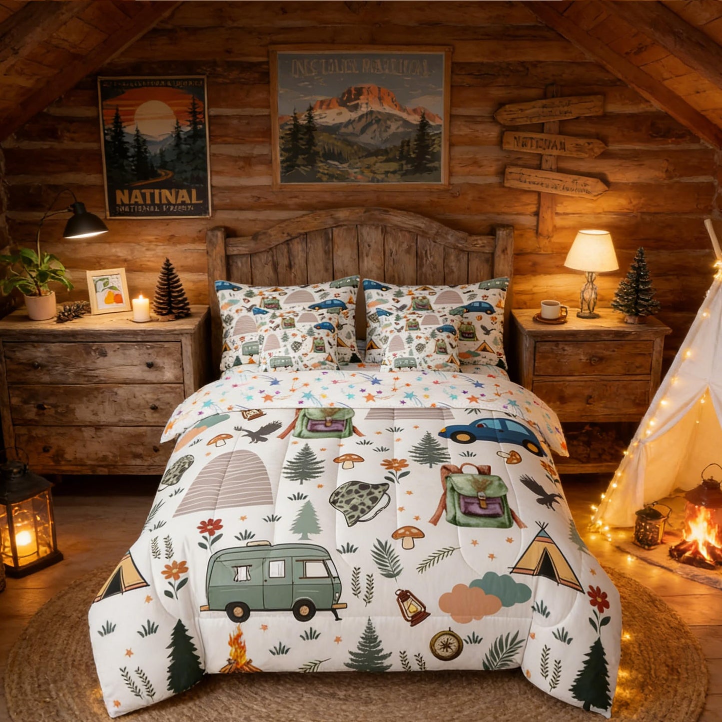 Feelyou Camper Theme Comforter Set With Sheets 7 Piece Twin Size Happy Camping Bedding Set for Kids Boys Girls Car Rv Accessories Bed in a Bag Mountain Adventure Room Decor Soft Lightweight Microfiber