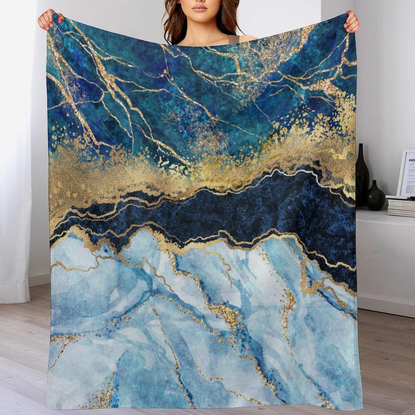Marble Throw Blanket, Modern Abstract Foil Texture White Blue Gold Marble All Seasons Blanket for Bed Sofa, Super Soft Cozy Shaggy Blanket for Trave and Camping 40"x50"