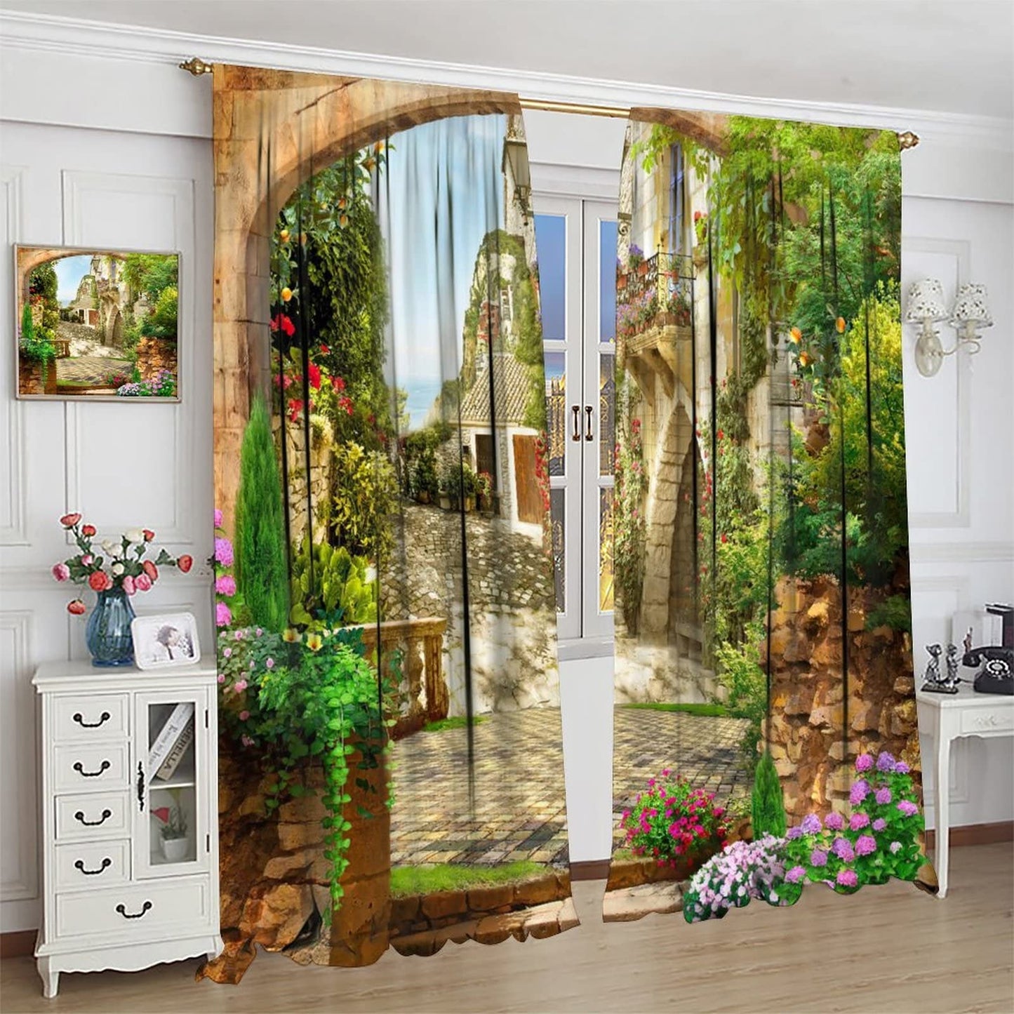 Italy Natural Scenery Curtains,Country Old Stone Arch Garden View Vintage Style Room Darkening Window Drapes for Living Room Bedroom Dining Room W42xL45in
