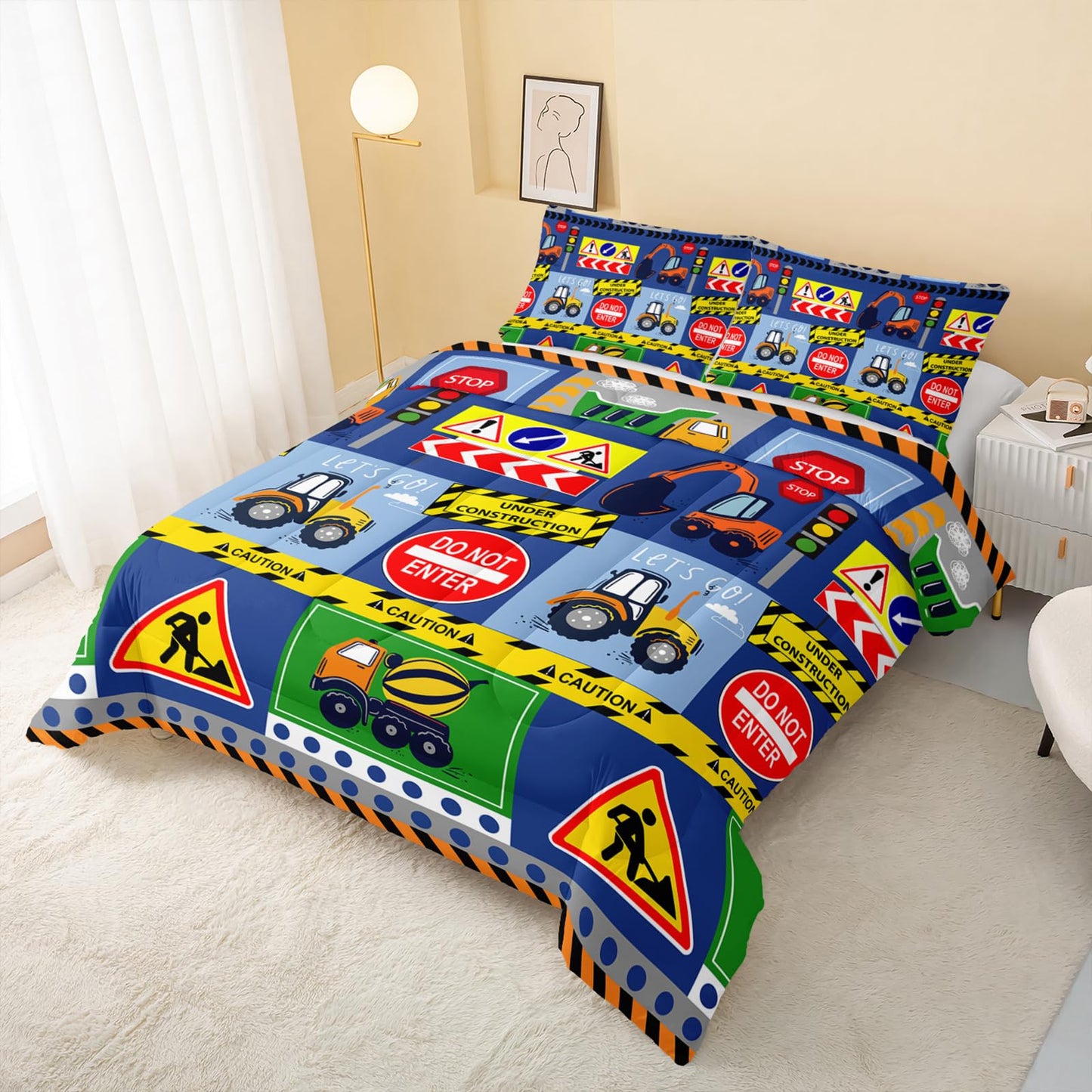 QOOMO 3Pcs Construction Comforter Set Twin,Excavator Bedding Set for Teens Boys Girls,Tractor Printed Comforter with 2 Pillowcases,Down Alternative,Soft and Lightweight