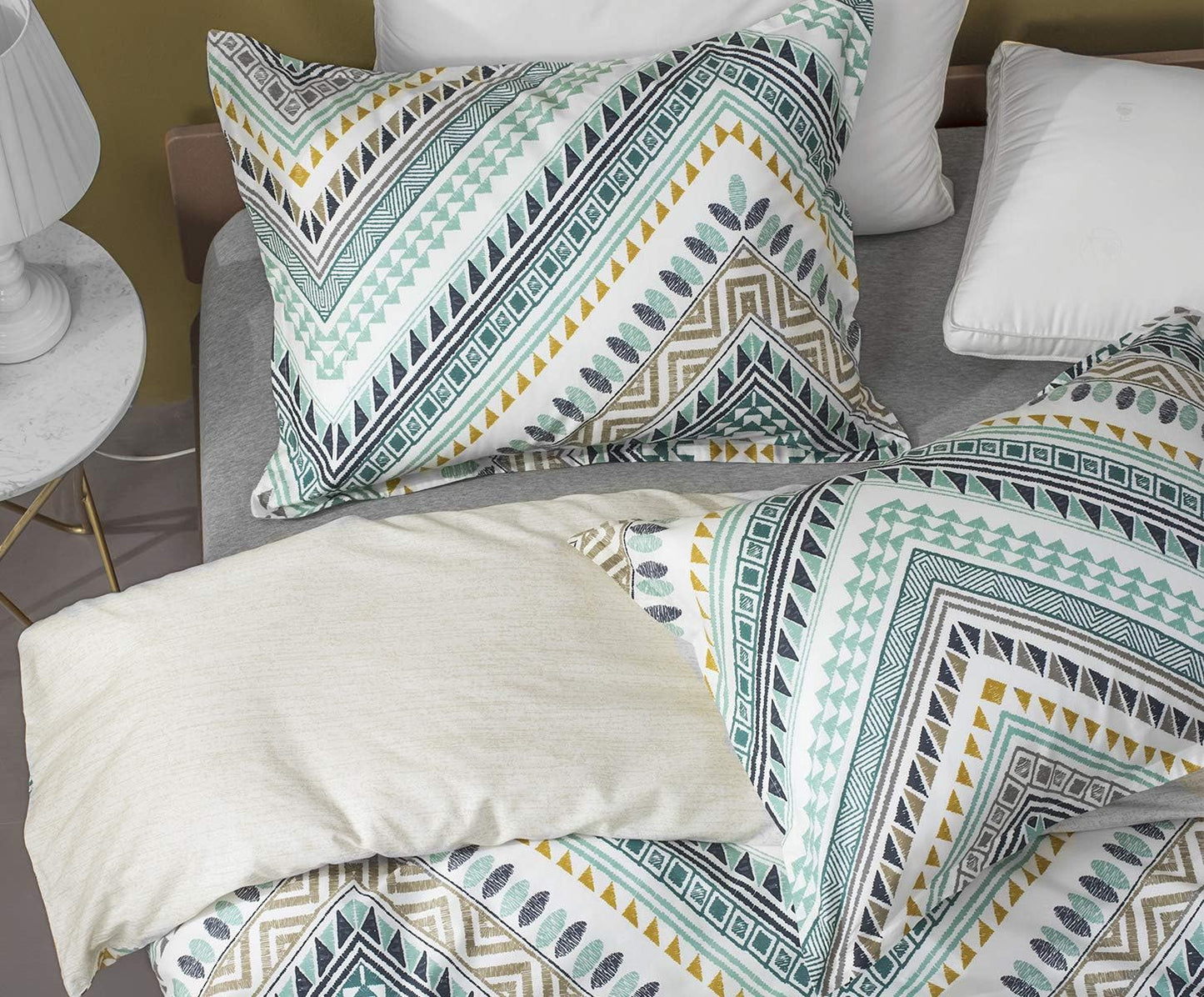 SLEEPBELLA Comforter King Size, 600 Thread Count Cotton Yellow & Dark Blue Bohemian Pattern Printed on White Reversible Comforter Sets,Down Alternative Bedding Set 3Pcs (King, Teal Geometric)