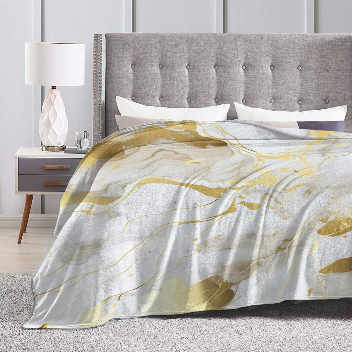 Soft Warm Throw Blanket for Couch Living Room White Golden Marble Texture Print Cozy Fuzzy Throw Blanket for Sofa Bed Blanket 60"x50"