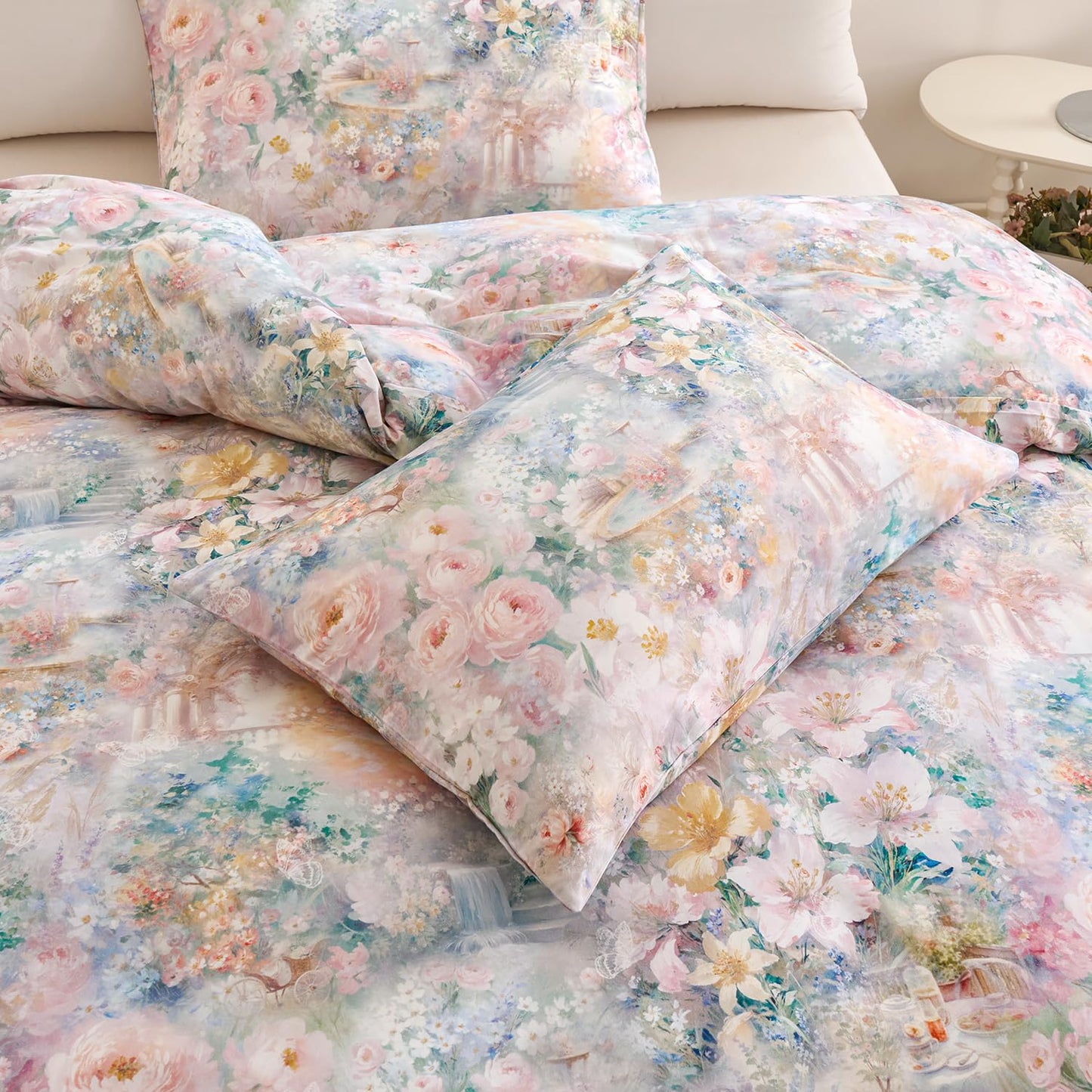 Zusbest Floral Duvet Cover King 100% Cotton, Double Brushed for Extra Soft, Luxury Pink Rose French Country Bedding Shabby-Chic Lily Comforter Cover with Zipper, Soft Breathable, 3Pc-Not Comforter