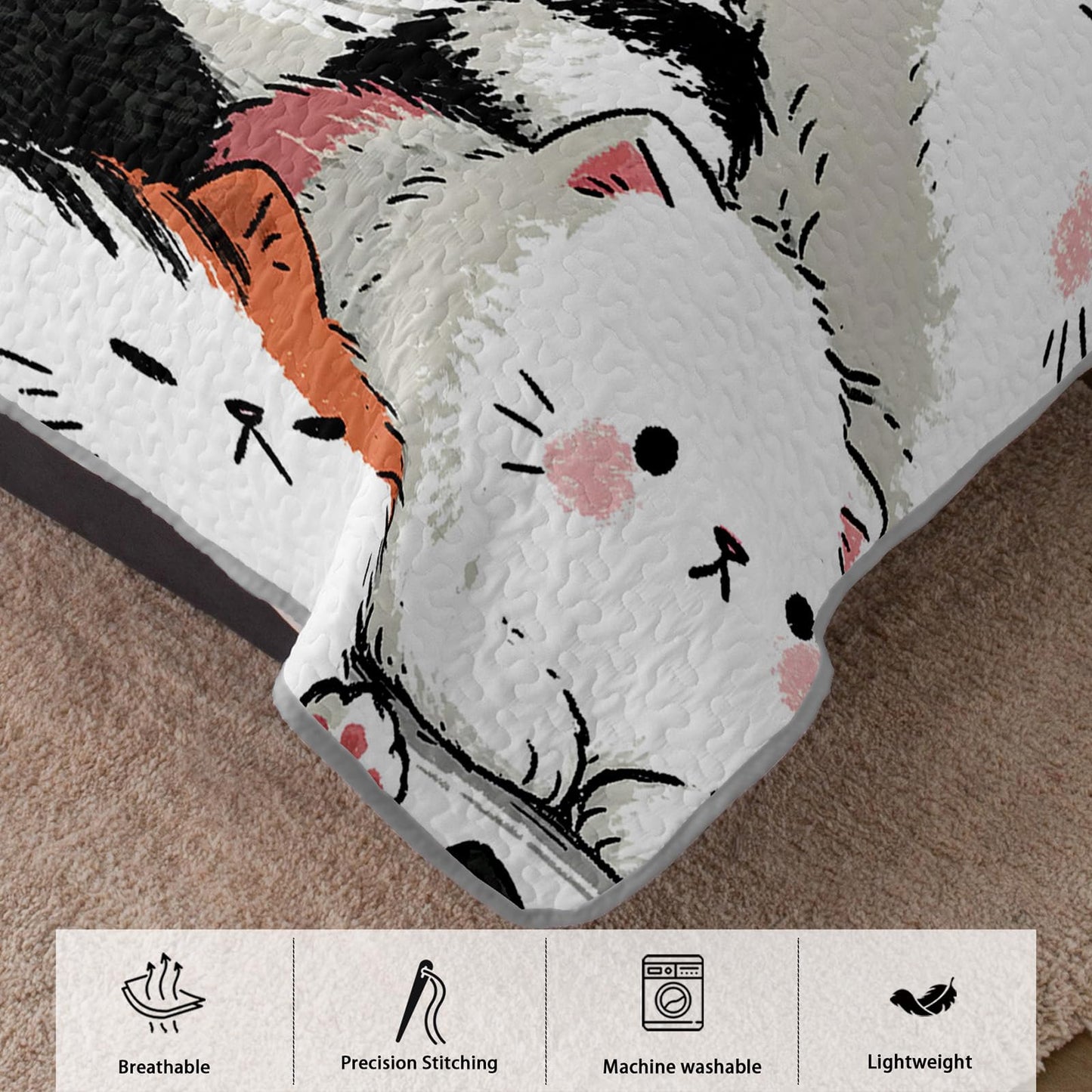 AILONEN Full Quilted Comforter Set 3 Piece, Whimsical Lazy Kitten Bedspread Coverlet 2 Pillowcases, Soft Artistic Feline Bedding Teens Apartment Cozy Chubby Cat Animal Print Multi