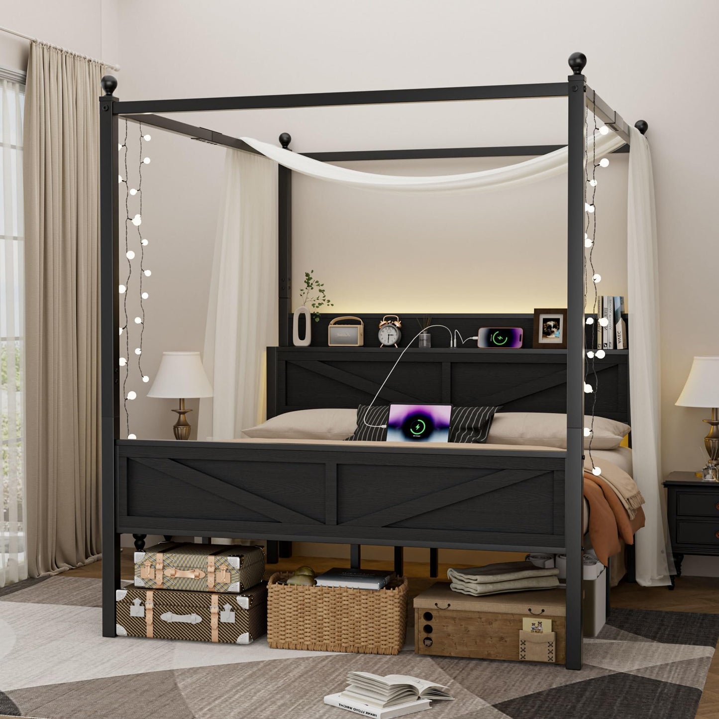 Tsovihe Full Size Canopy Bed Frame with Barn Door Storage Headboard, Metal Slats Support LED Light & Charging Station/No Box Spring Needed/Easy Assembly/Curtain Not Included/Black