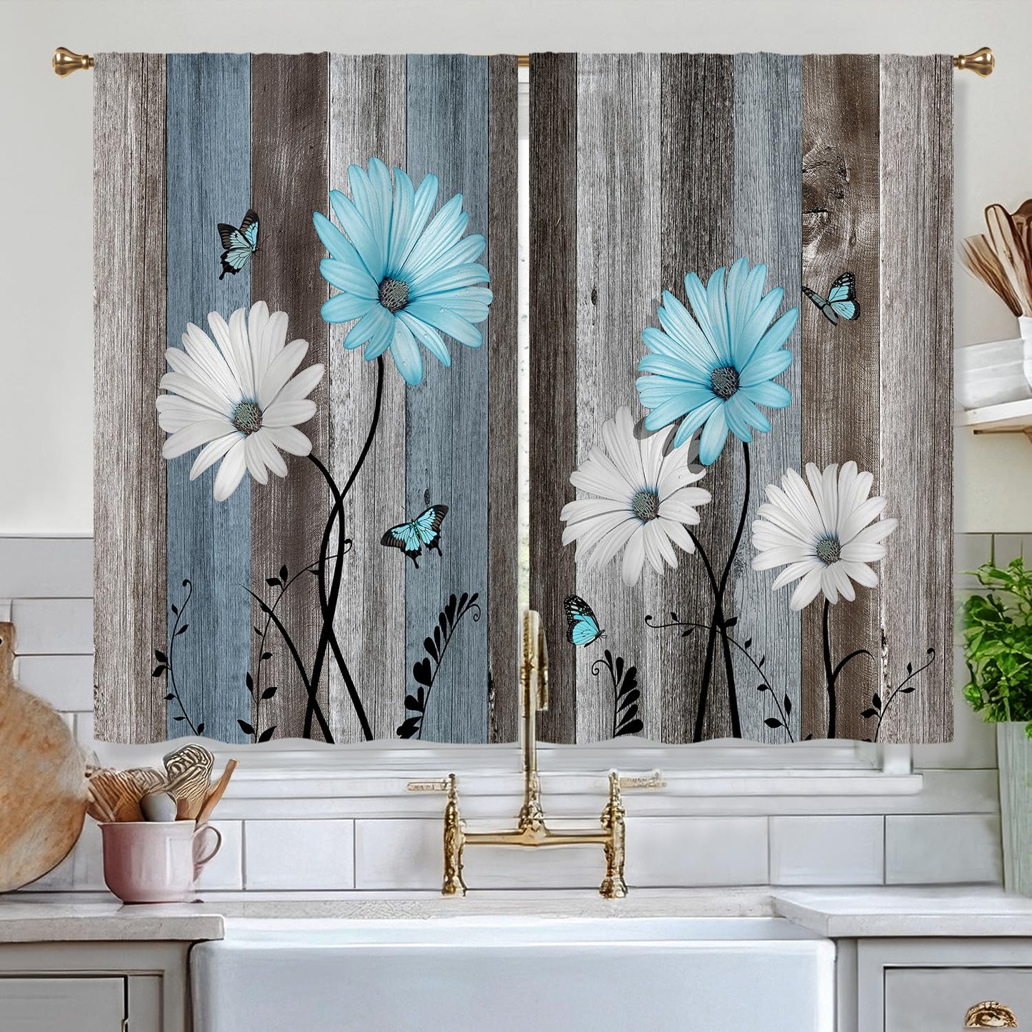 Cizuug Blue Farmhouse Daisy Kitchen Curtains Wooden Flower Small Short Cafe Window Curtains Rustic Floral Butterfly Country Bathroom Drapes Treatment Tier Curtains 2 Panels