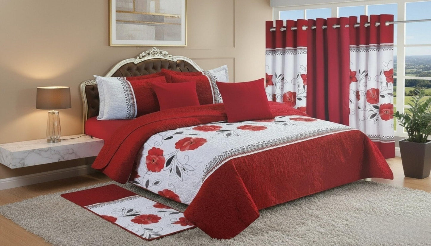 JKCCZLL Queen Size Quilt 12 Piece Set Floral Bedding with Matching Curtains Fitted Sheet Red Queen