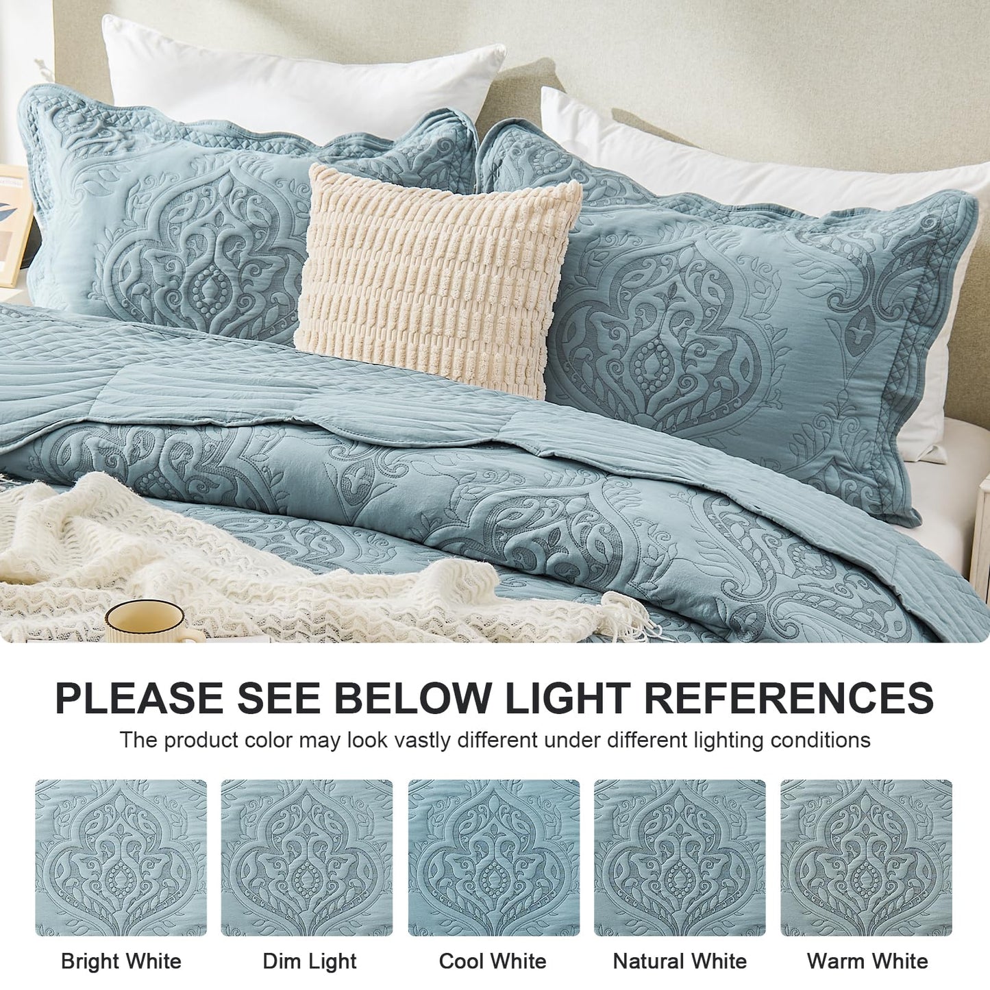 DaisyHuang Oversized Bedspread Coverlet Set King Size - Lightweight Bedding Cover - Beautiful Stitching -Luxury Damask Paisley Pattern Quilt Set, Reversible, 4 Piece with Floor Mat, Dusty Blue