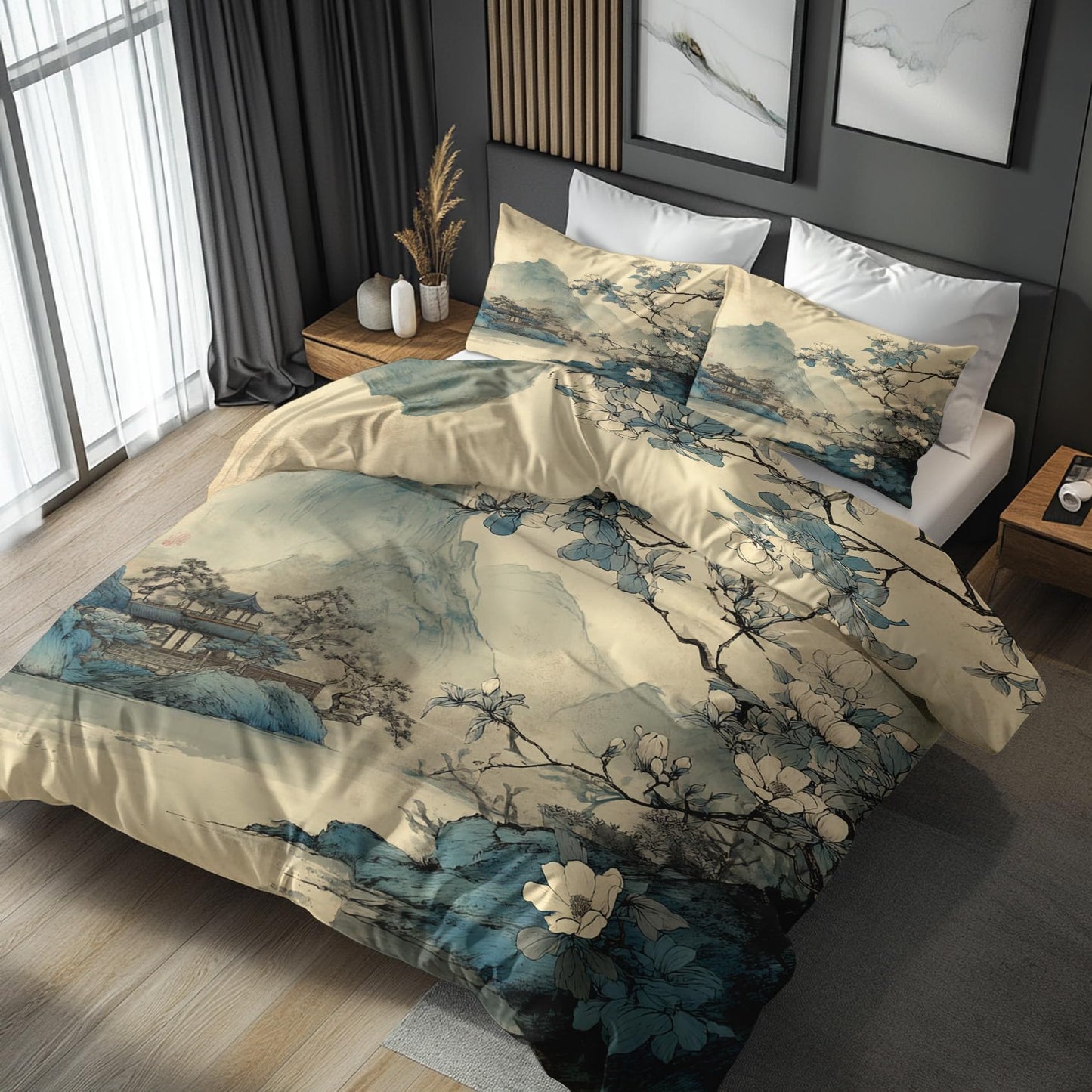 zcwl Asian Landscape Duvet Cover Oversized King Size | Blue Floral Mountain Bedding Set | 3 Piece | Soft Microfiber Patterned Comforter Cover with Zipper Ties & 2 Pillowcases | Oriental Bedroom Decor