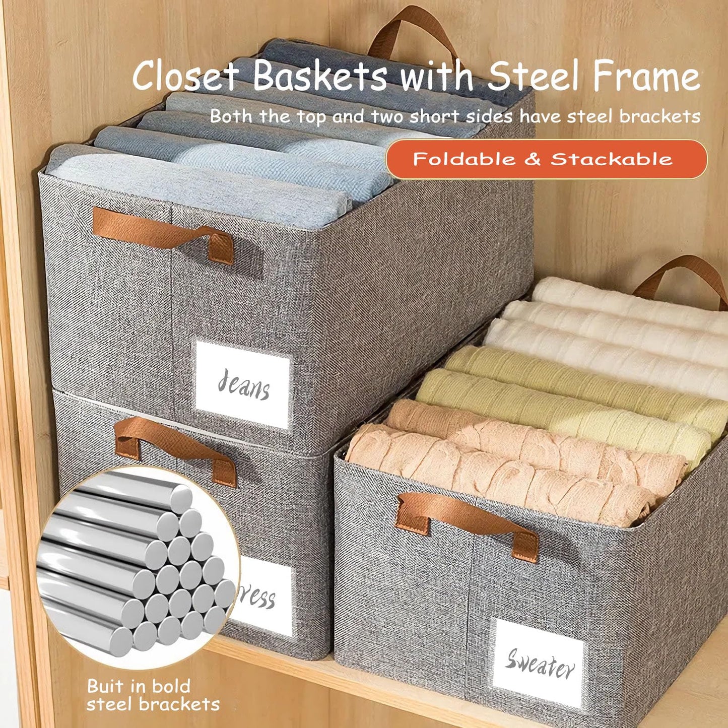 AARAINBOW Linen Closet Organizer Storage Bin with Steel Frame, Stackable Fabric Jeans Baskets for Shelves, 4 Packs Foldable Wardrobe Clothes Box for Sweater Pants Towel Shirt Storage, 23L Gray
