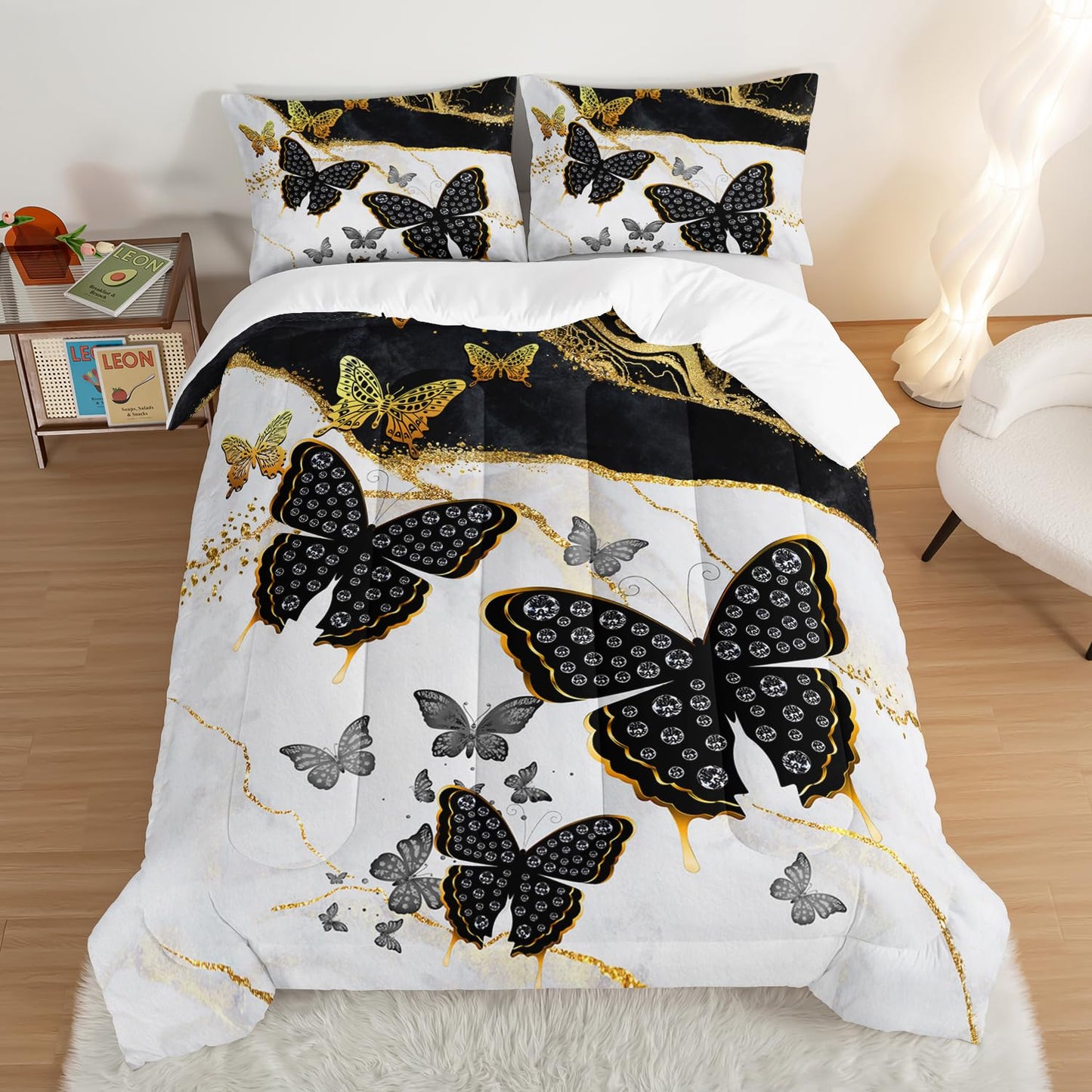 UEVBF Kids Bedding Queen Size Comforter Set,Black and Gold Butterfly Bedding Comforter Sets for Boys Girls Room Decor,Marble Texture Artistic Aesthetic Bedding Sets with 2 Pillowcases.