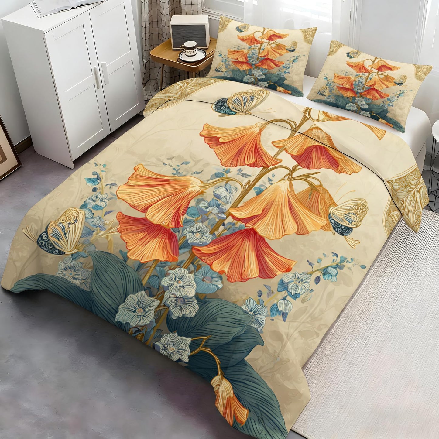 ZAMODE Floral Duvet Cover 120" x 98", Retro Botanical Bedding Set, Rustic Wildflower Comforter Cover with Zipper Ties
