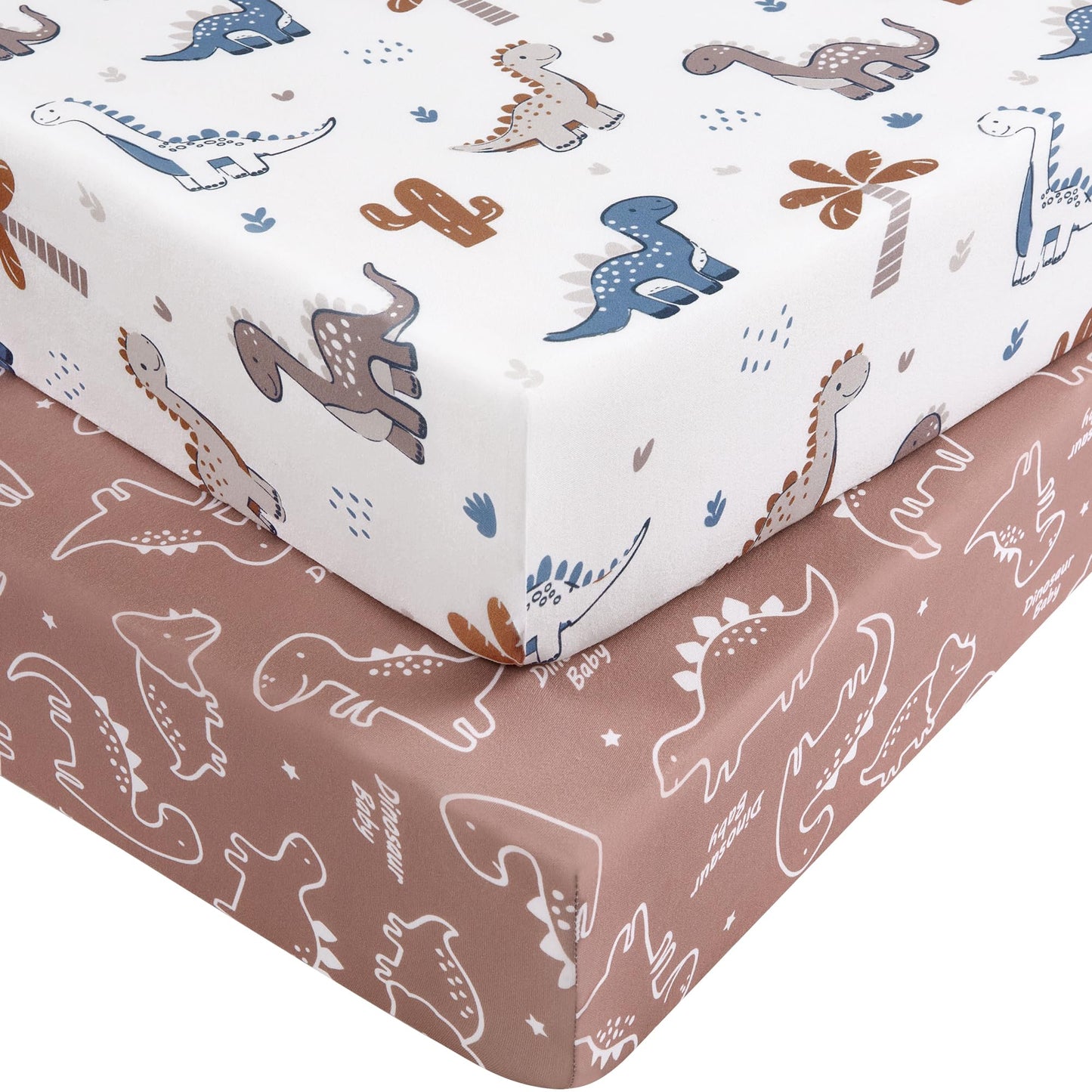 Nyessmee Baby Crib Sheets for Boys and Girls, Fitted Crib Sheets 52" x 28", Soft Breathable Microfiber Sheets for Standard Crib and Toddler Mattress, 2-Pack Brown Dinosaur