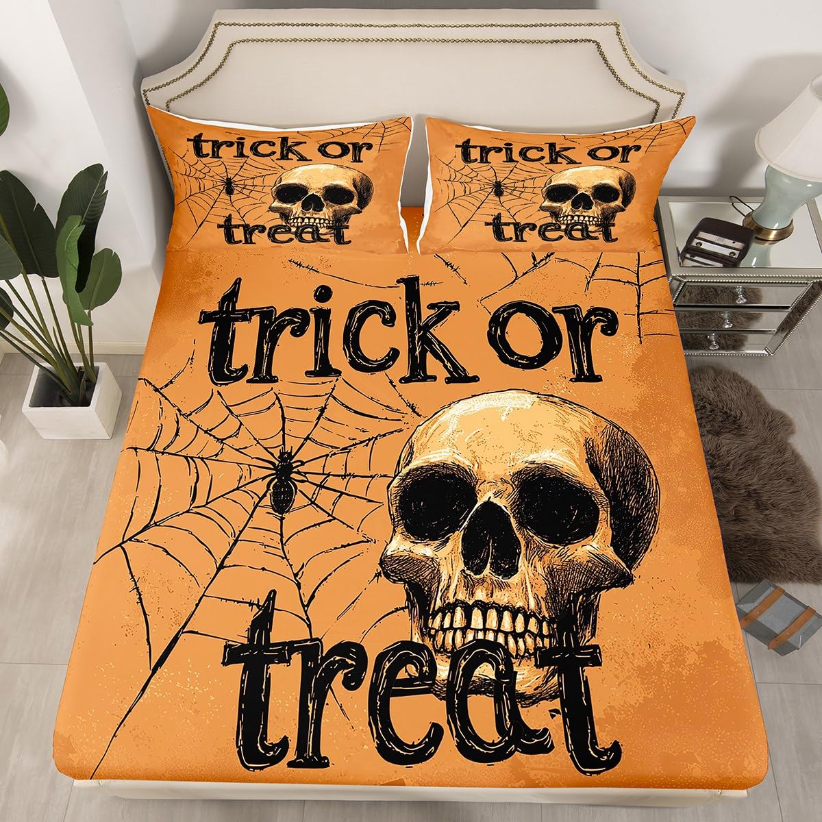 Feelyou Kids Halloween Bed Sheets Set Full Size, Trick or Treat Sheet Set Skull Decor Bedding Set Boys Girls Spider Web Teens Bedroom Decor Soft Bed Set 4Pcs